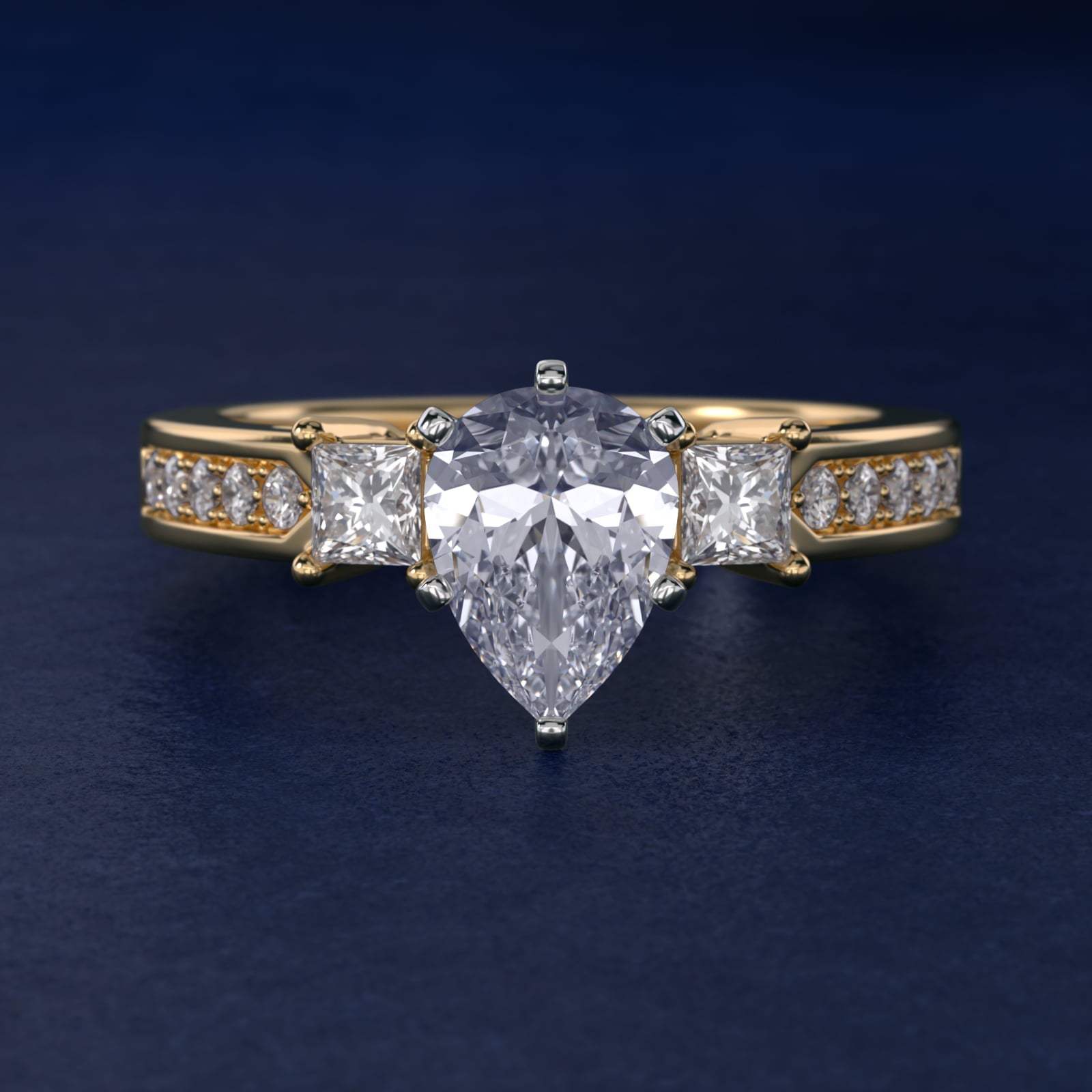 Trio Princess Cut PavŽ Diamond Engagement Ring in 14k Yellow Gold (1/3 ct. tw.) - Pear Center