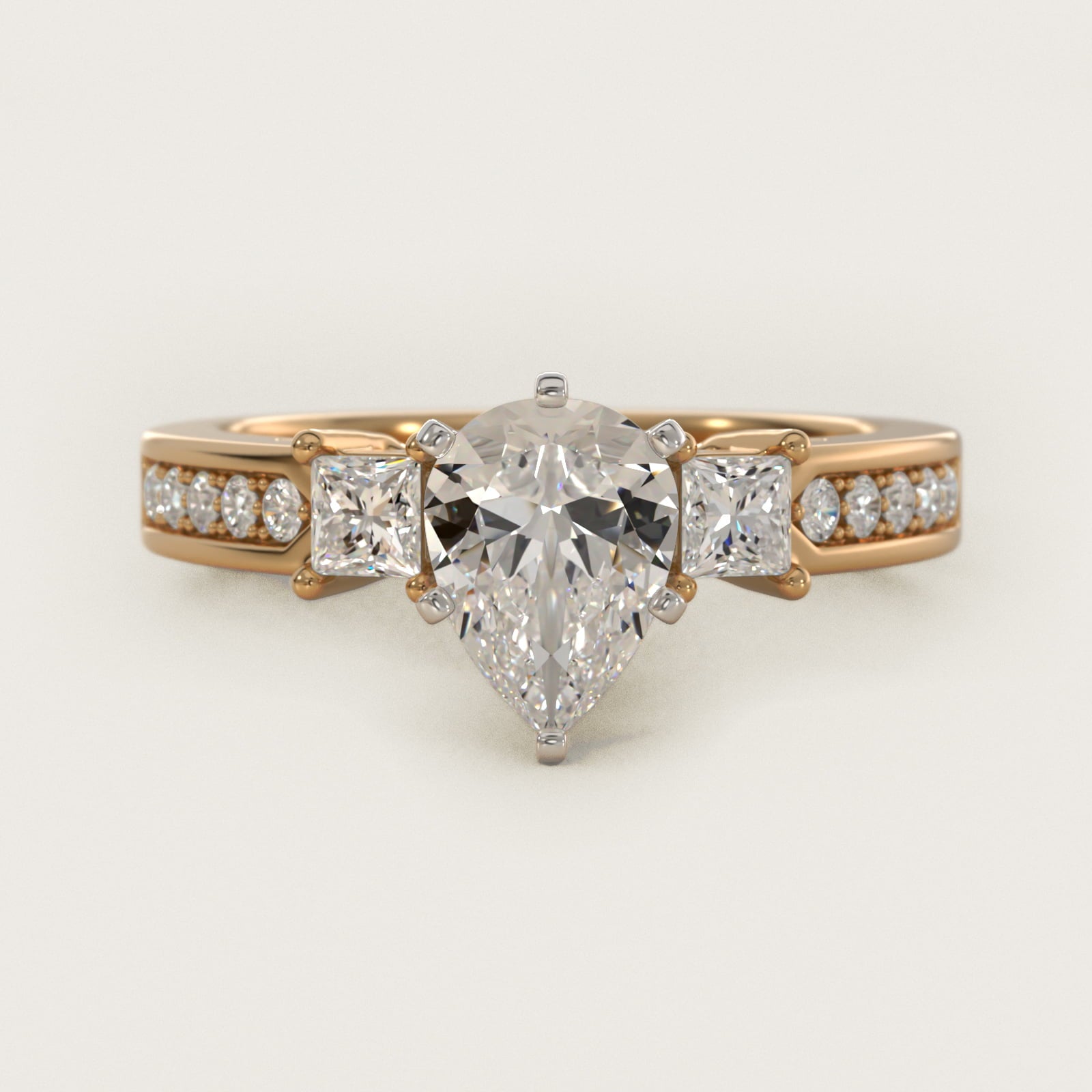 Trio Princess Cut Pav? Diamond Engagement Ring in 18k Yellow Gold (1/3 ct. tw.) - Pear Center