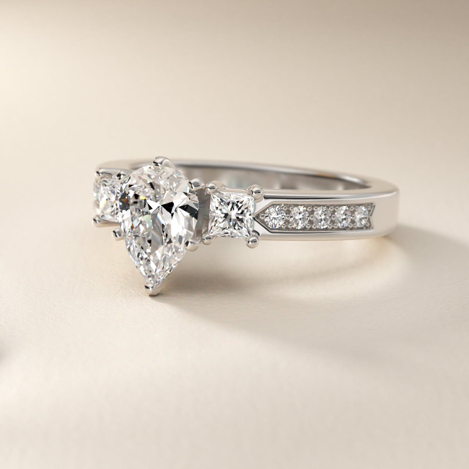 Trio Princess Cut Pav? Diamond Engagement Ring in Platinum (1/3 ct. tw.) - Pear Center