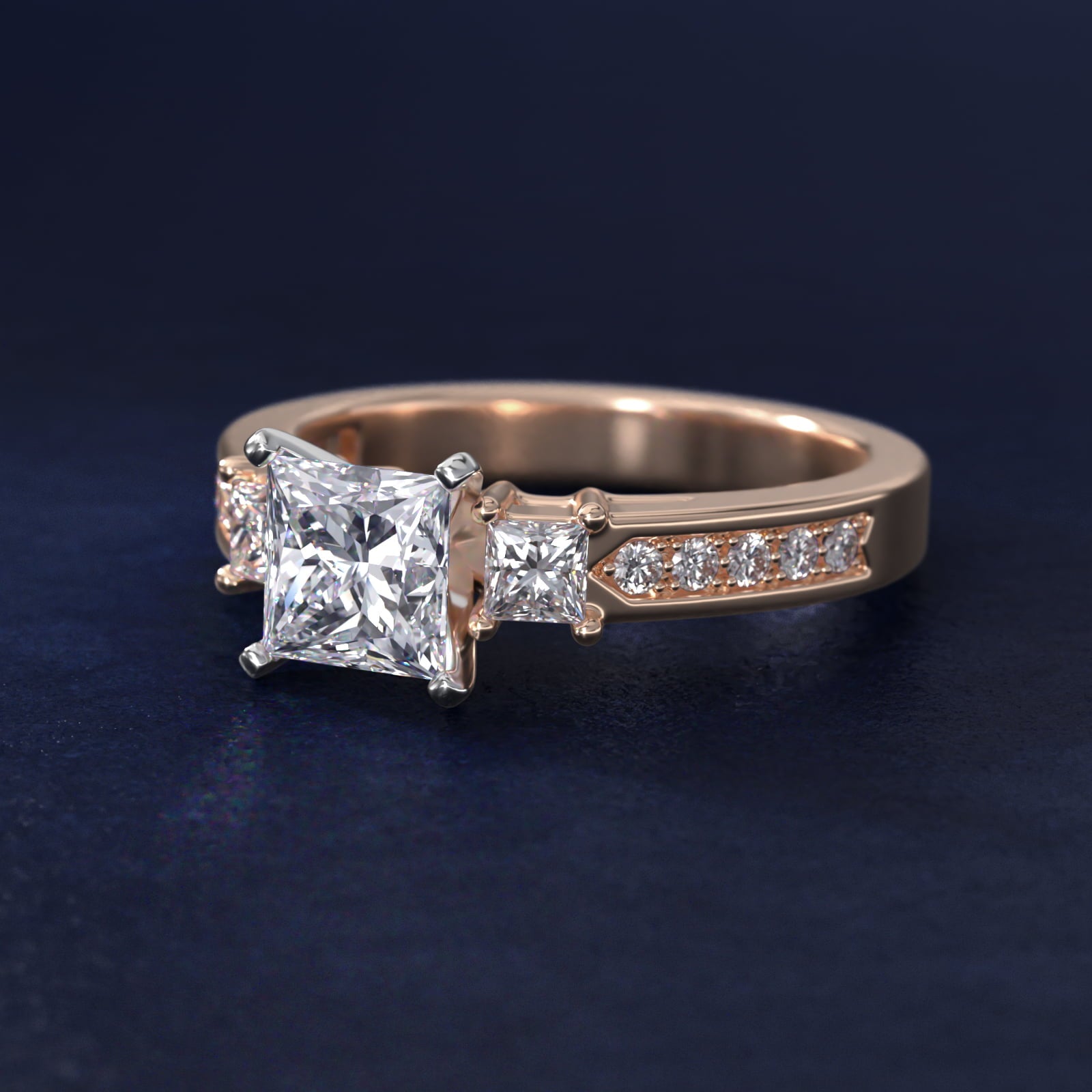 Trio Princess Cut PavŽ Diamond Engagement Ring in 14k Rose Gold (1/3 ct. tw.) - Princess Center