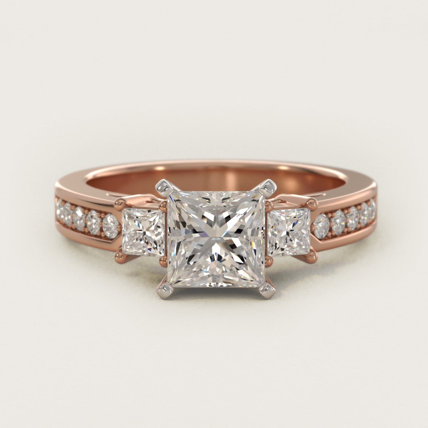 Trio Princess Cut Pav? Diamond Engagement Ring in 18k Rose Gold (1/3 ct. tw.) - Princess Center