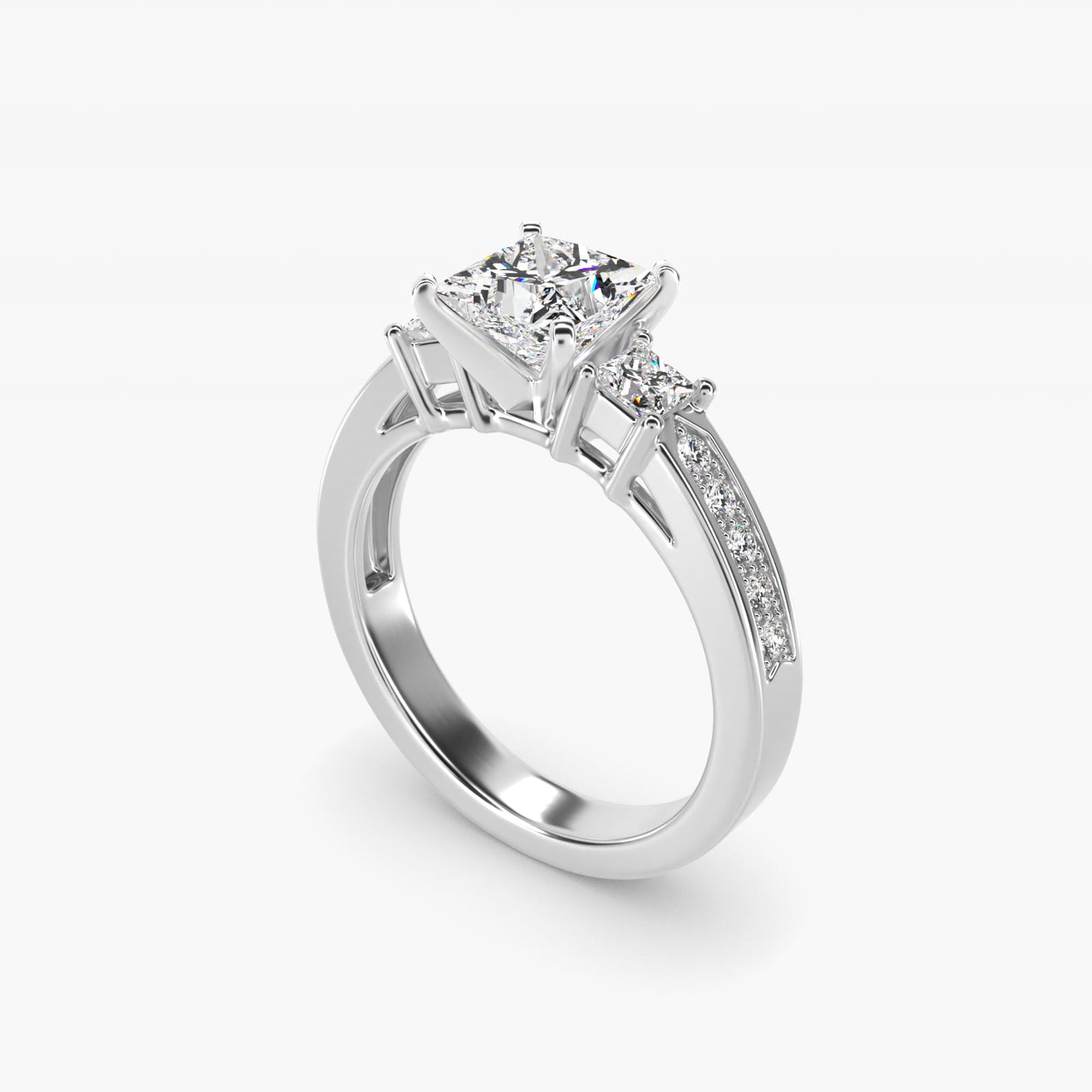 Trio Princess Cut Pav? Diamond Engagement Ring in 18k White Gold (1/3 ct. tw.) - Princess Center