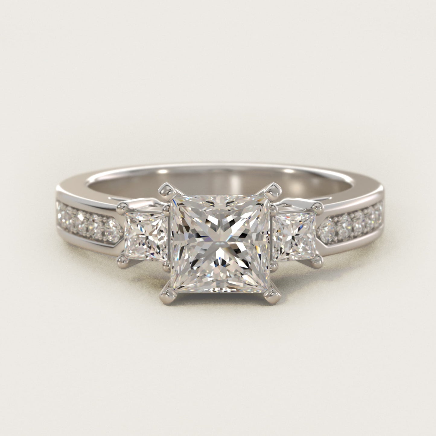 Trio Princess Cut Pav? Diamond Engagement Ring in 18k White Gold (1/3 ct. tw.) - Princess Center