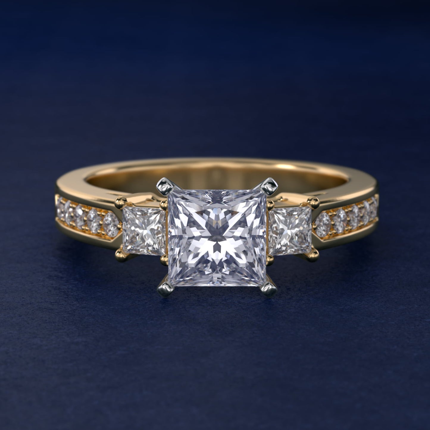 Trio Princess Cut Pav? Diamond Engagement Ring in 18k Yellow Gold (1/3 ct. tw.) - Princess Center