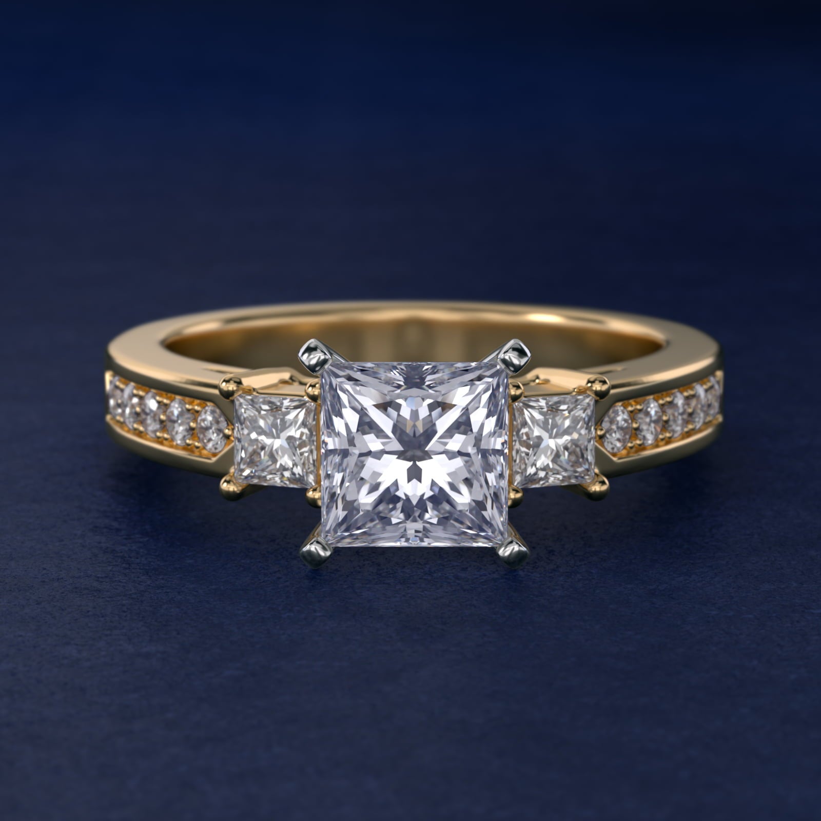 Trio Princess Cut PavŽ Diamond Engagement Ring in 14k Yellow Gold (1/3 ct. tw.) - Princess Center