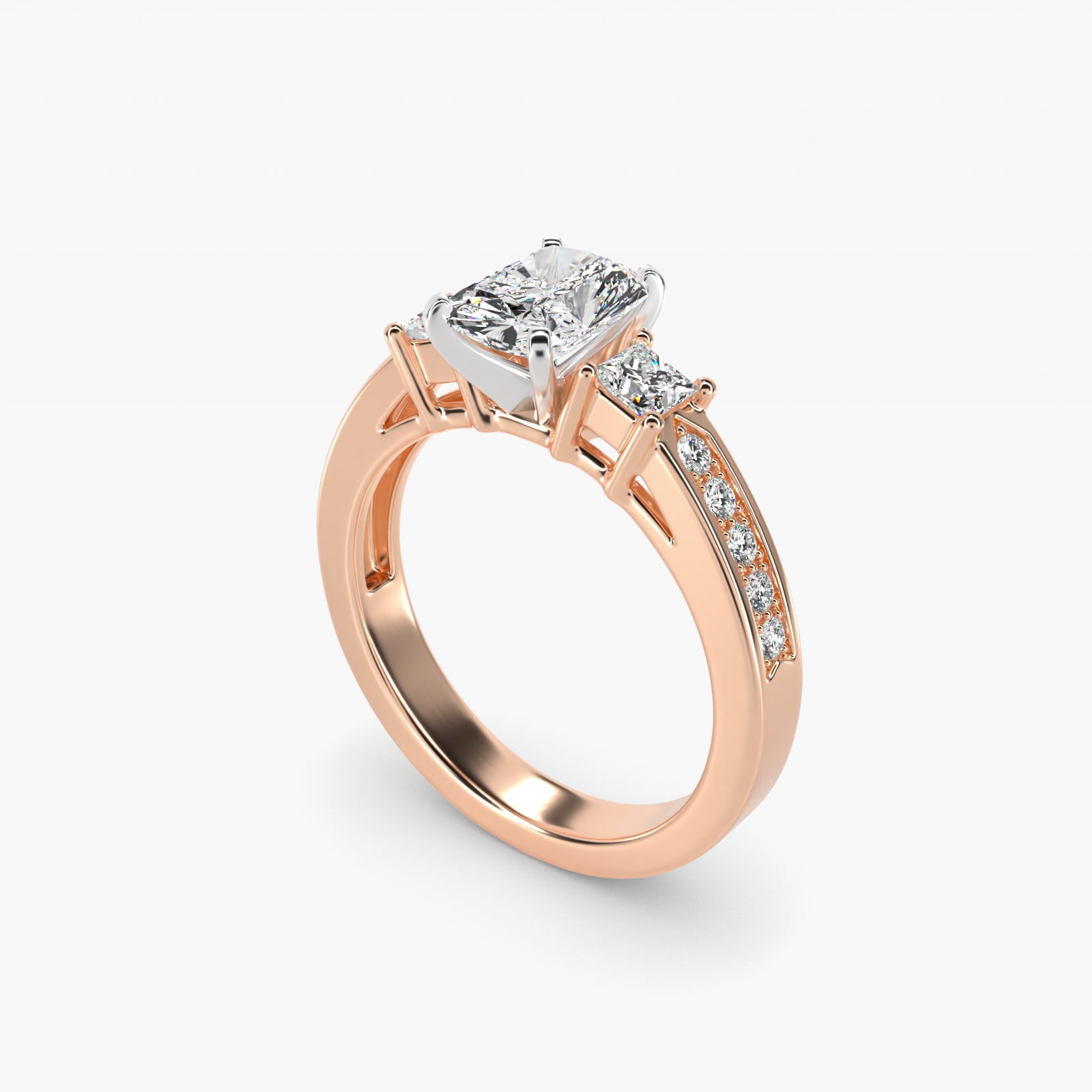 Trio Princess Cut PavŽ Diamond Engagement Ring in 14k Rose Gold (1/3 ct. tw.) - Radiant Center