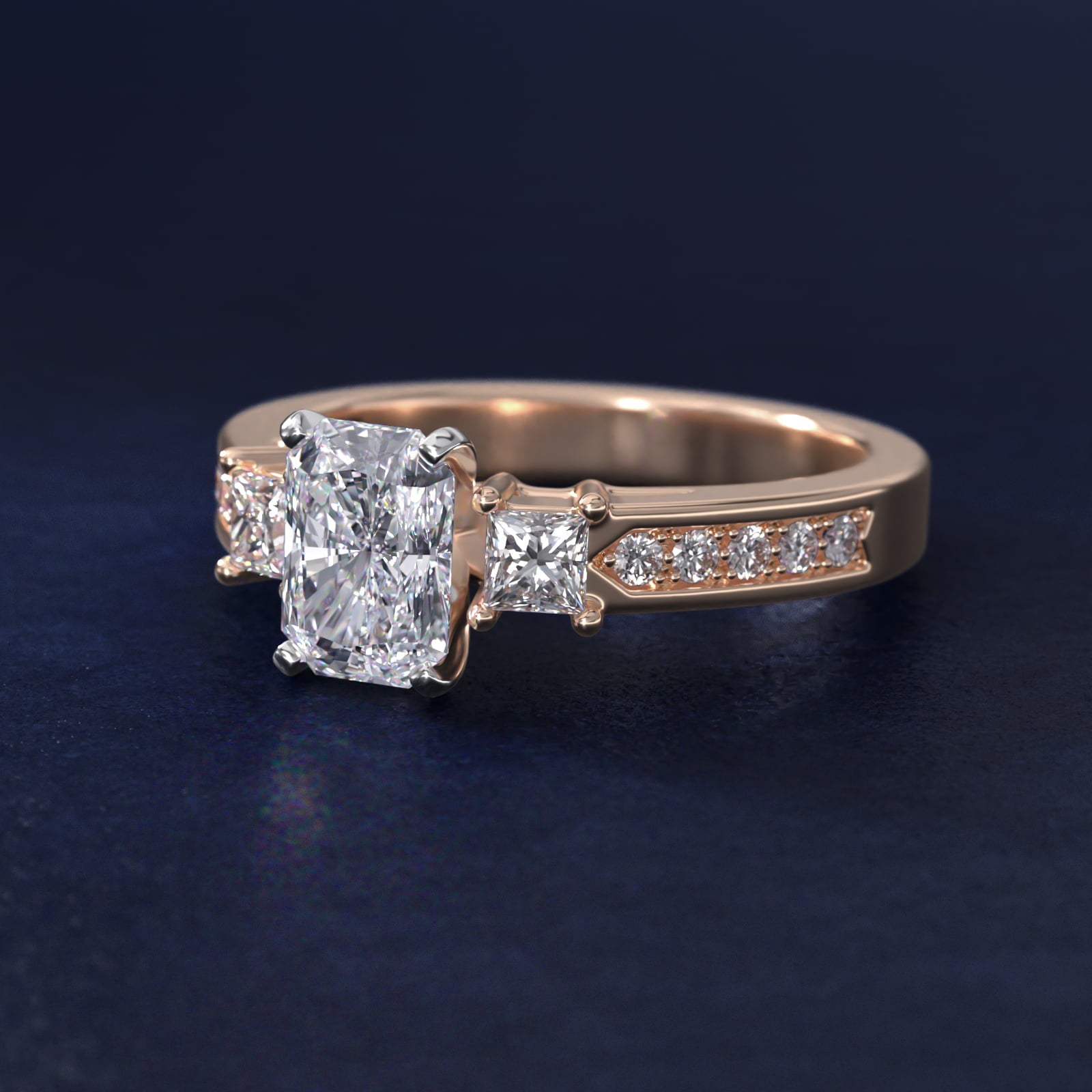 Trio Princess Cut Pav? Diamond Engagement Ring in 18k Rose Gold (1/3 ct. tw.) - Radiant Center