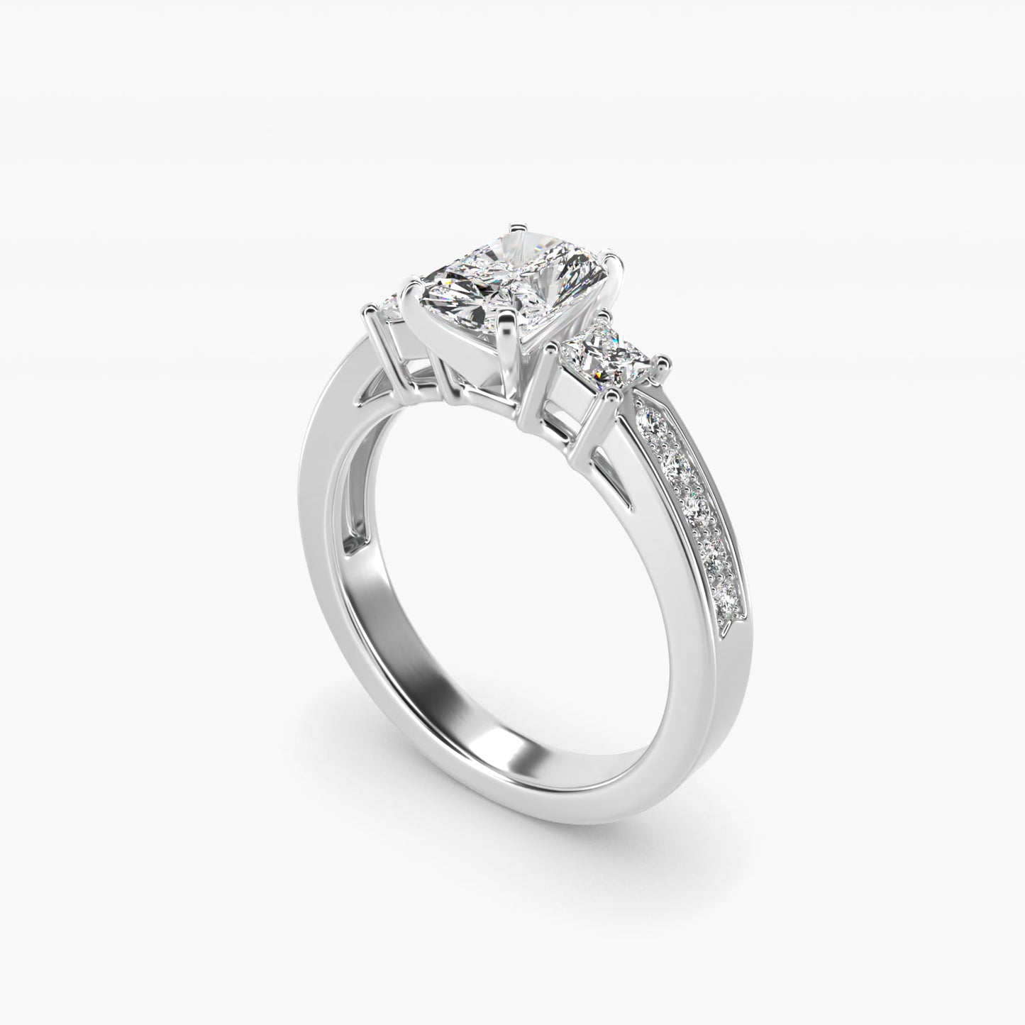 Trio Princess Cut Pav? Diamond Engagement Ring in 18k White Gold (1/3 ct. tw.) - Radiant Center