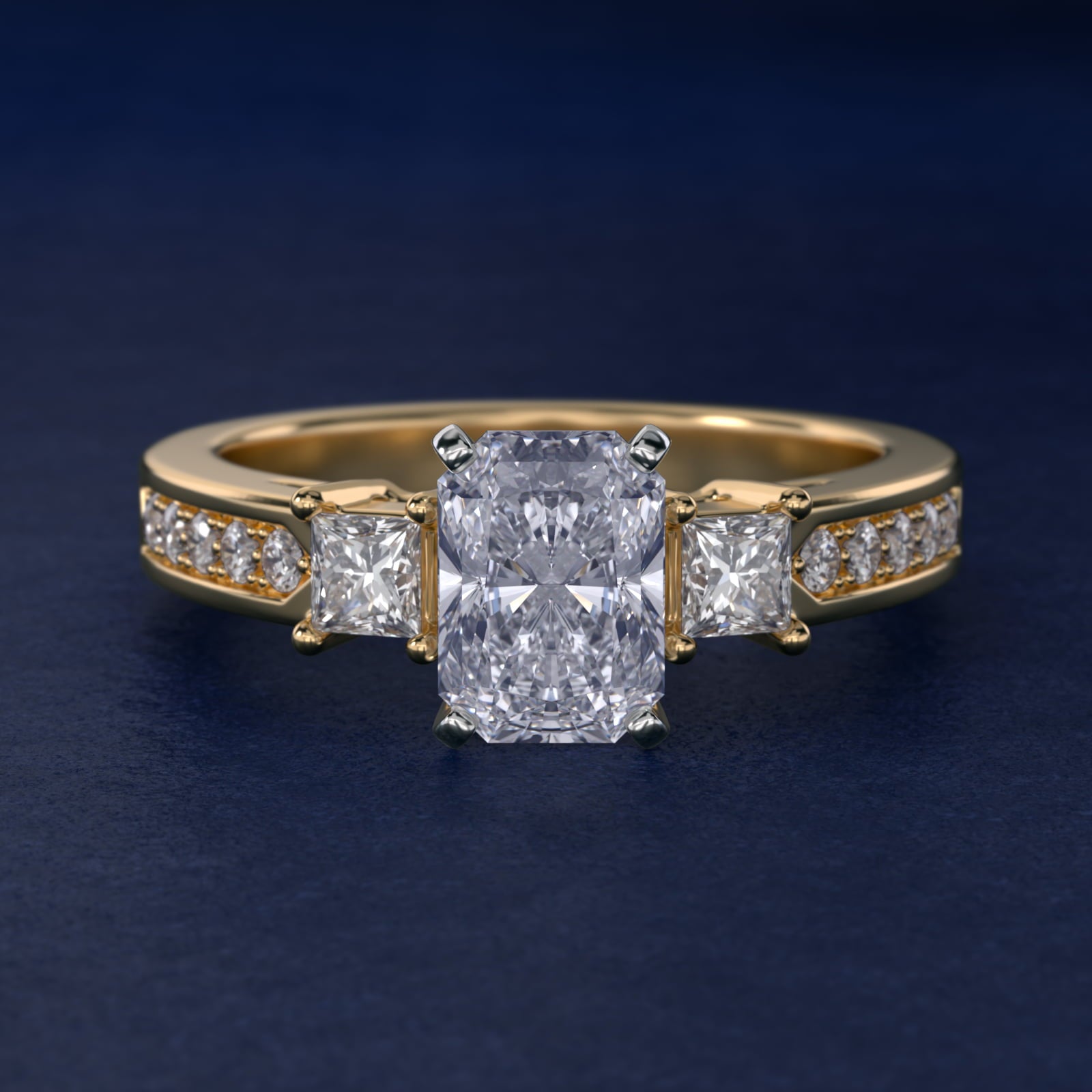 Trio Princess Cut Pav? Diamond Engagement Ring in 18k Yellow Gold (1/3 ct. tw.) - Radiant Center