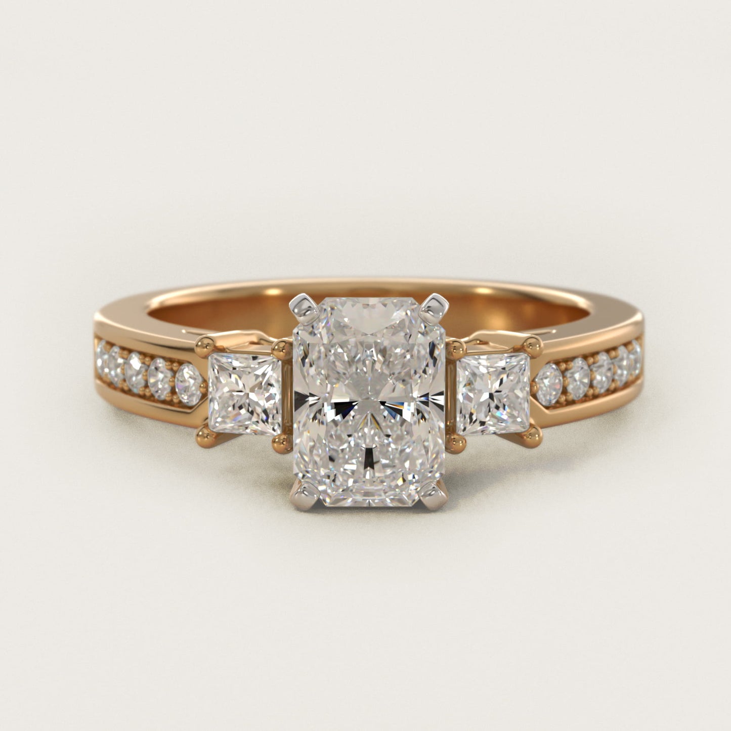 Trio Princess Cut Pav? Diamond Engagement Ring in 18k Yellow Gold (1/3 ct. tw.) - Radiant Center