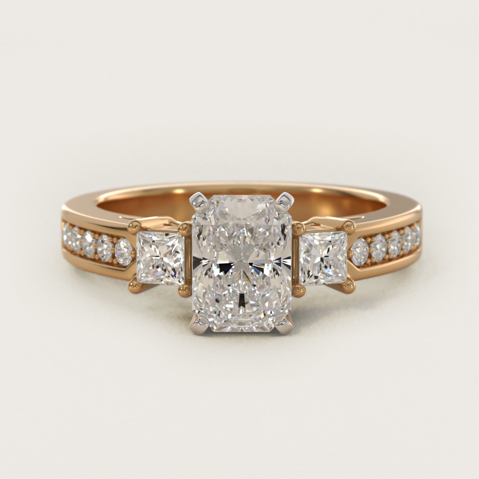 Trio Princess Cut Pav? Diamond Engagement Ring in 18k Yellow Gold (1/3 ct. tw.) - Radiant Center
