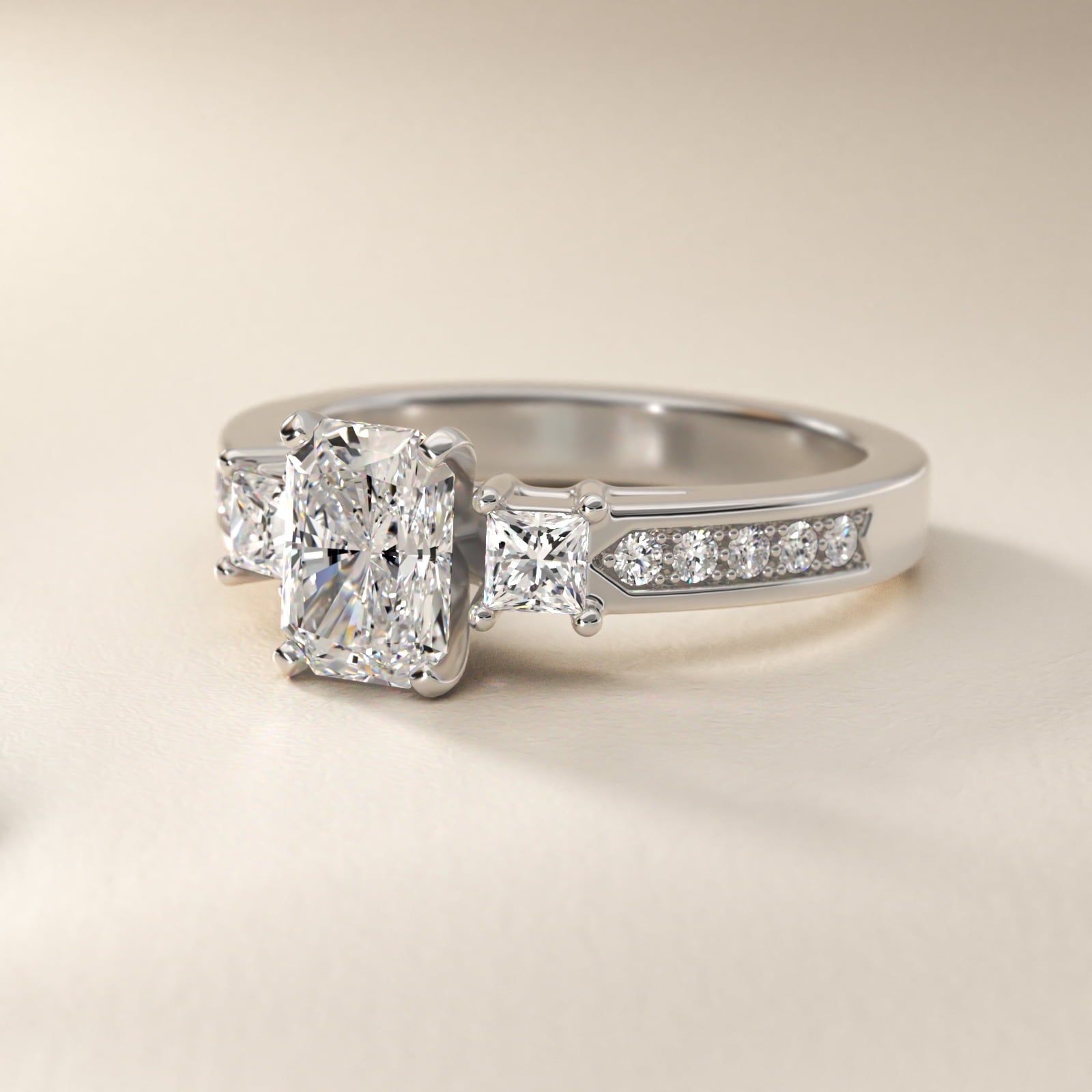 Trio Princess Cut Pav? Diamond Engagement Ring in Platinum (1/3 ct. tw.) - Radiant Center