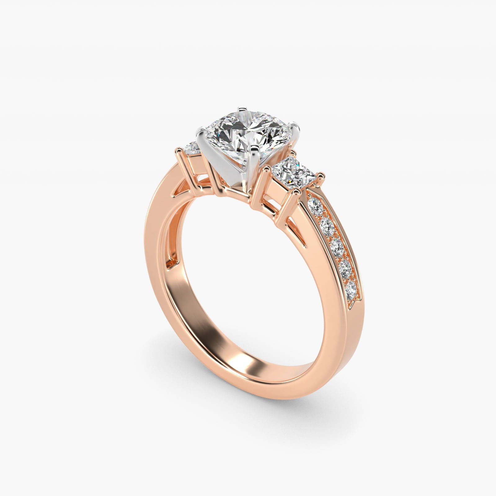 Trio Princess Cut PavŽ Diamond Engagement Ring in 14k Rose Gold (1/3 ct. tw.) - Round Center