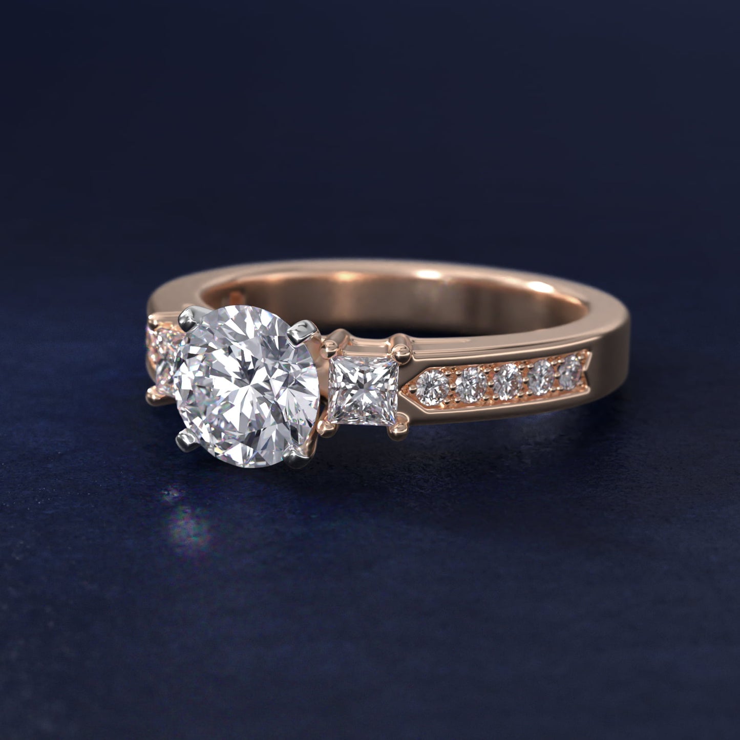 Trio Princess Cut Pav? Diamond Engagement Ring in 18k Rose Gold (1/3 ct. tw.) - Round Center