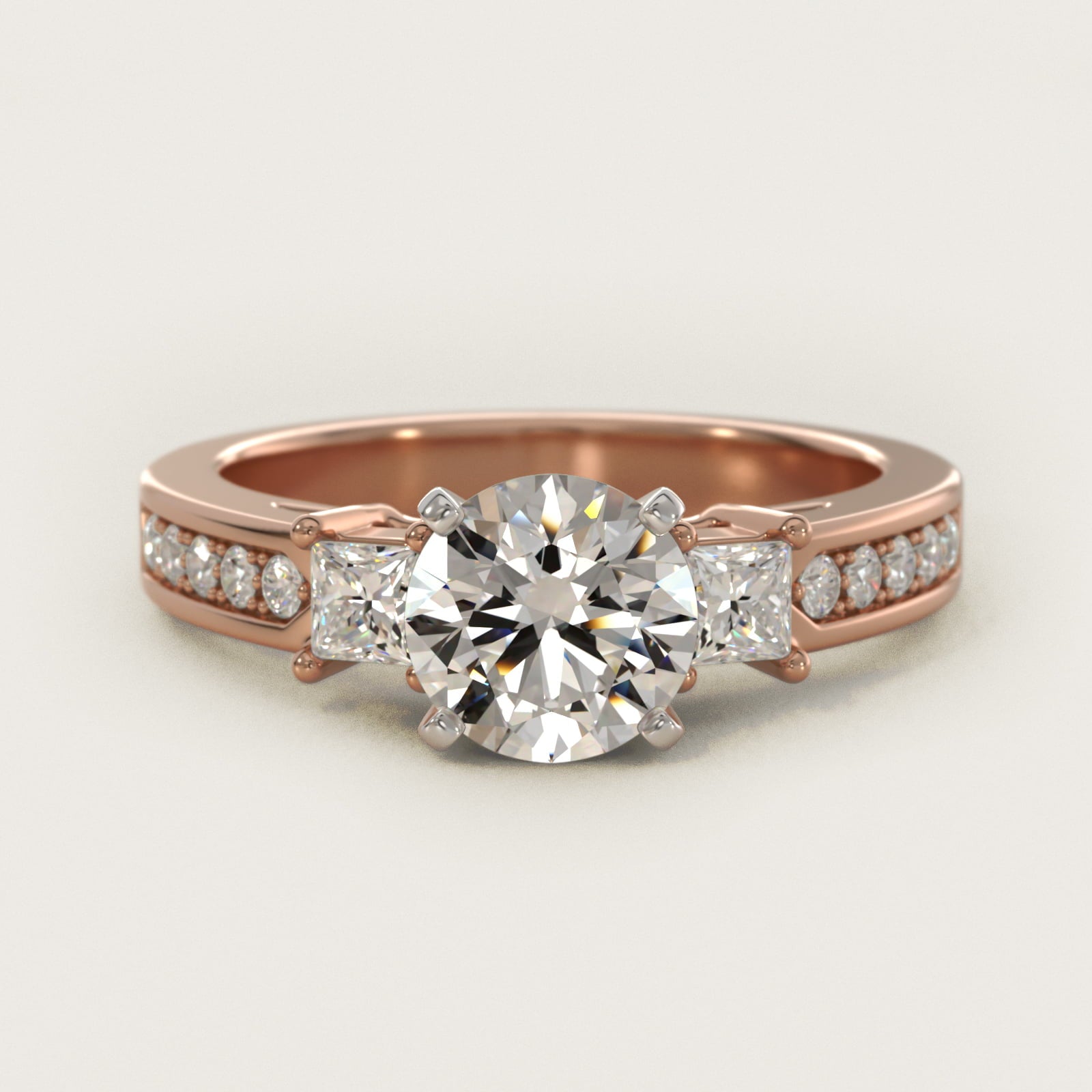 Trio Princess Cut PavŽ Diamond Engagement Ring in 14k Rose Gold (1/3 ct. tw.) - Round Center