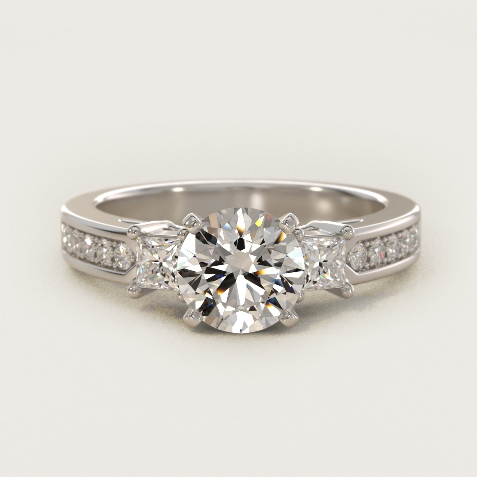Trio Princess Cut PavŽ Diamond Engagement Ring in 14k White Gold (1/3 ct. tw.) - Round Center