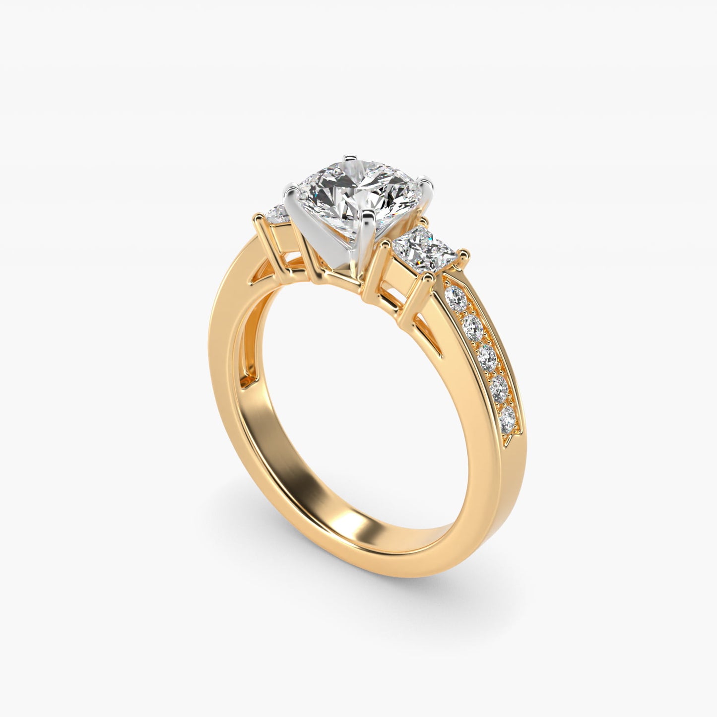 Trio Princess Cut PavŽ Diamond Engagement Ring in 14k Yellow Gold (1/3 ct. tw.) - Round Center