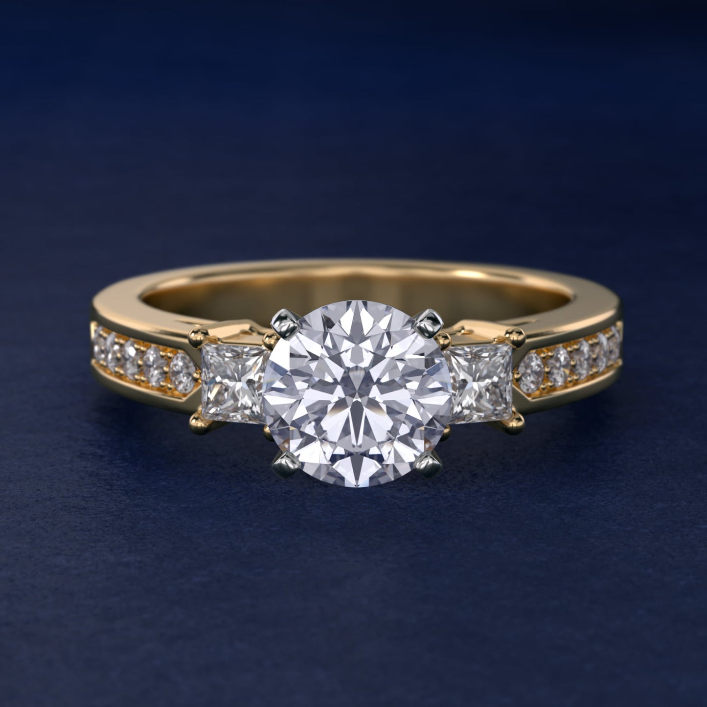 Trio Princess Cut PavŽ Diamond Engagement Ring in 14k Yellow Gold (1/3 ct. tw.) - Round Center