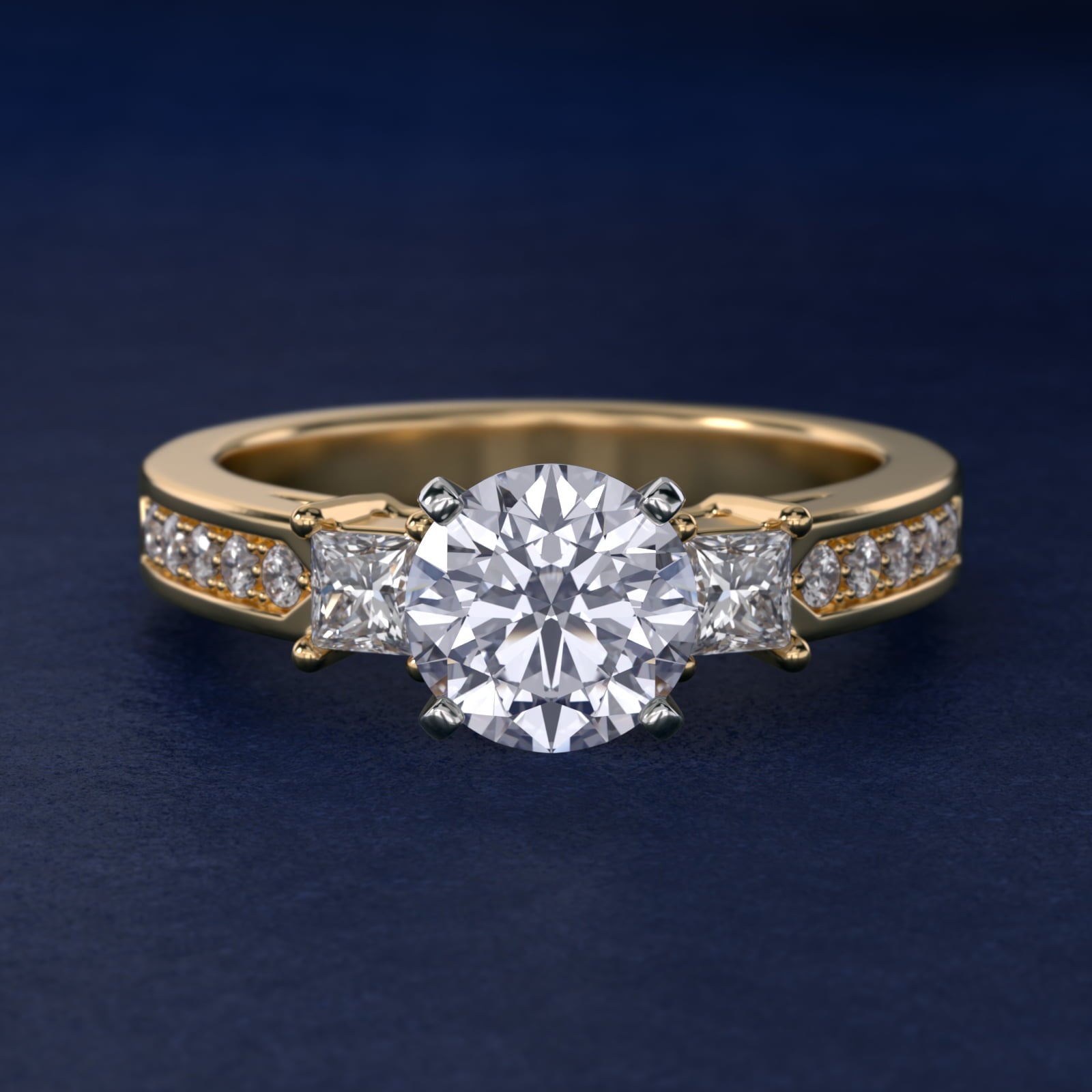 Trio Princess Cut PavŽ Diamond Engagement Ring in 14k Yellow Gold (1/3 ct. tw.) - Round Center