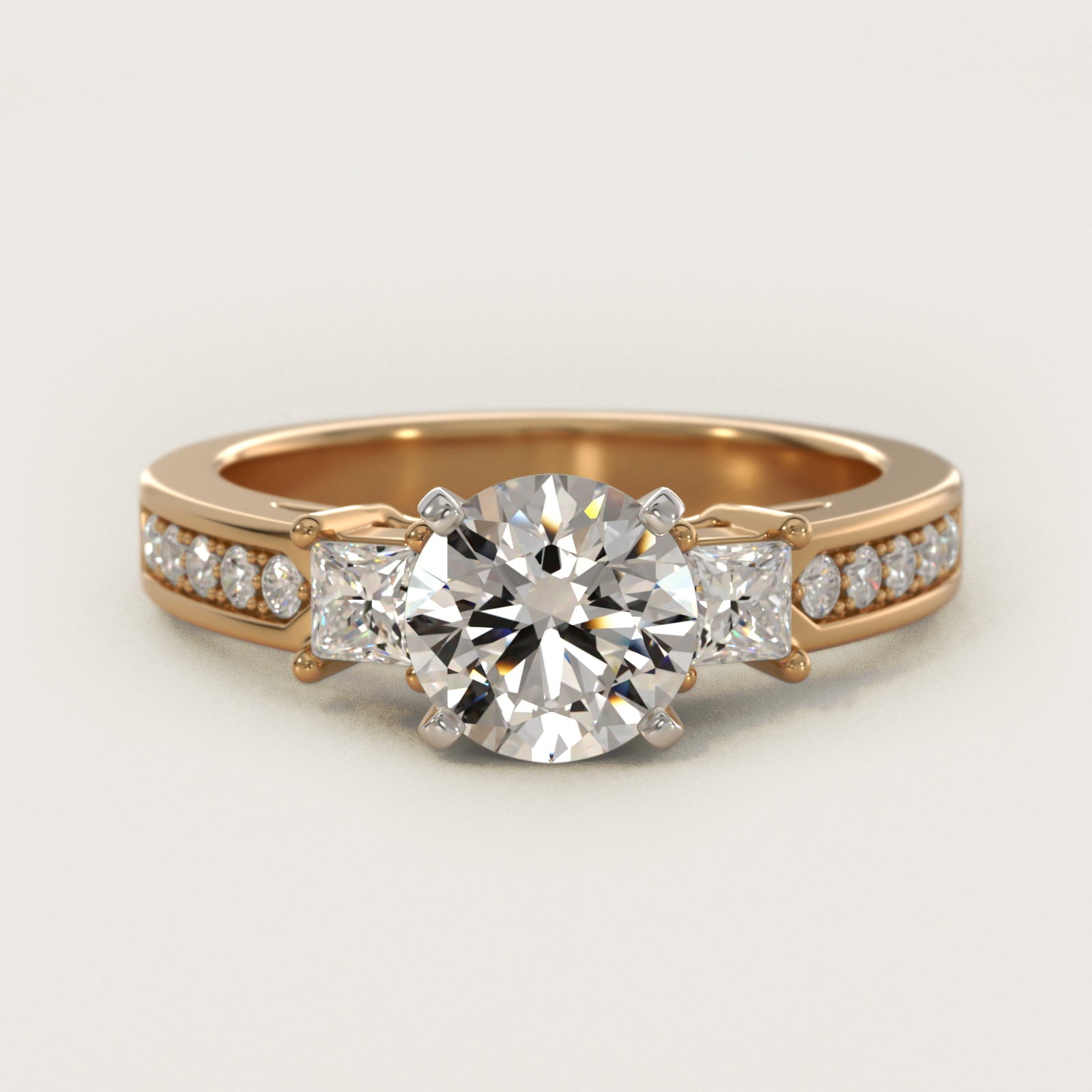 Trio Princess Cut Pav? Diamond Engagement Ring in 18k Yellow Gold (1/3 ct. tw.) - Round Center