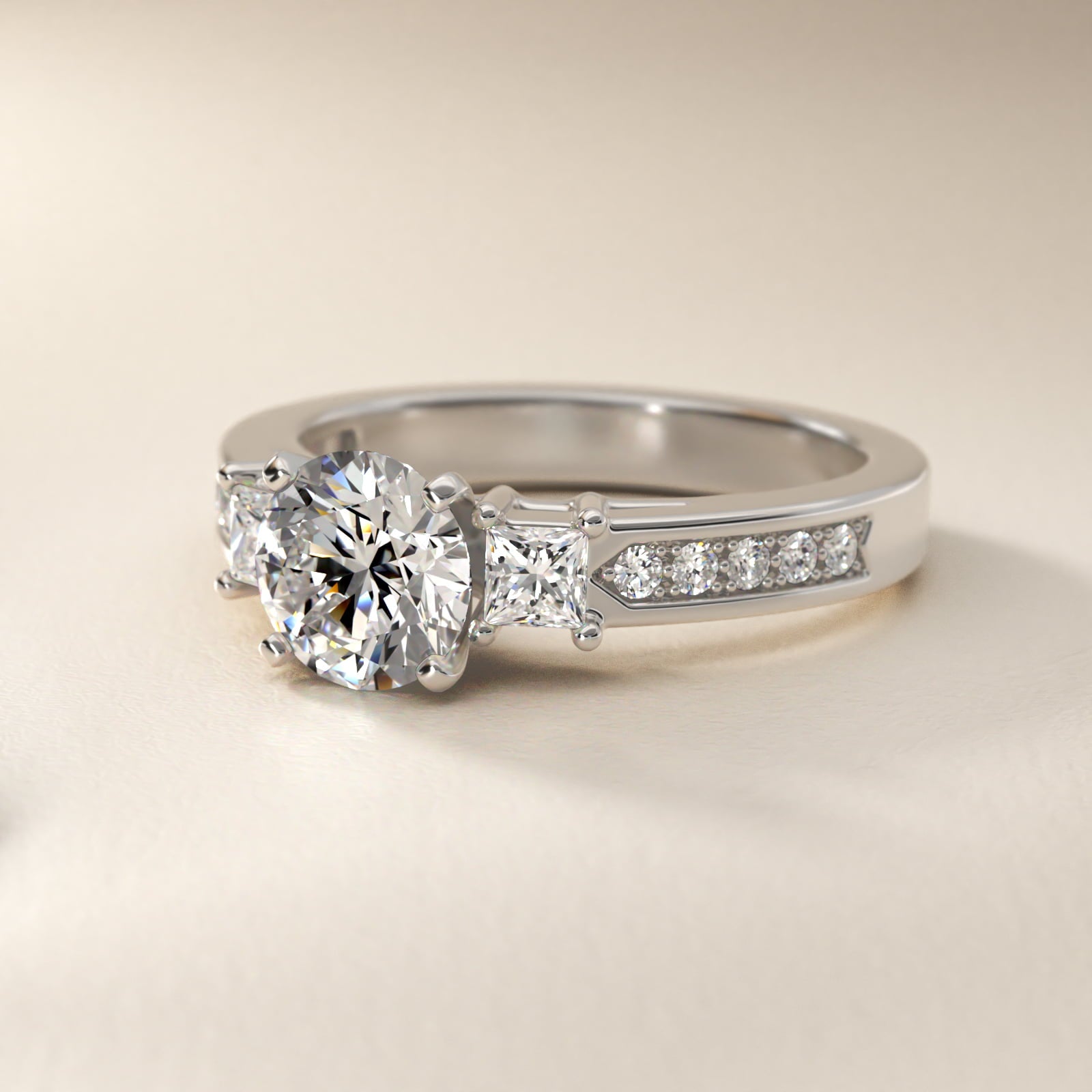 Trio Princess Cut Pav? Diamond Engagement Ring in Platinum (1/3 ct. tw.) - Round Center