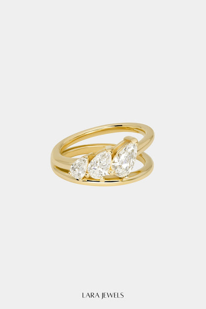 Triple Pear Diamond Ring 18K Yellow Gold - Front view