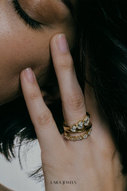 Triple Pear Diamond Ring 18K Yellow Gold - On model