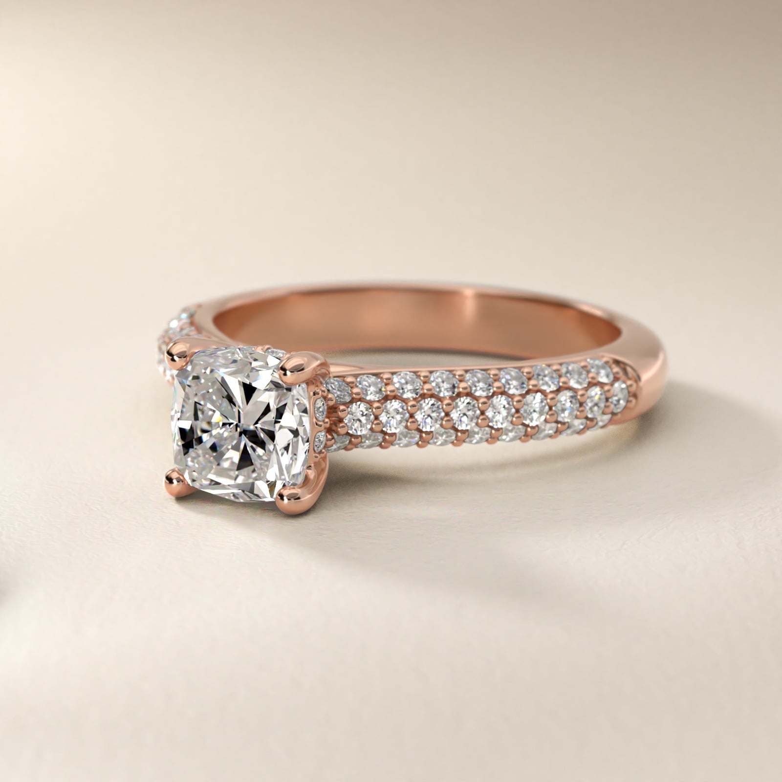 Triple Row Pav? Cathedral Diamond Engagement Ring In 18k Rose Gold By James Allen - Cushion Center