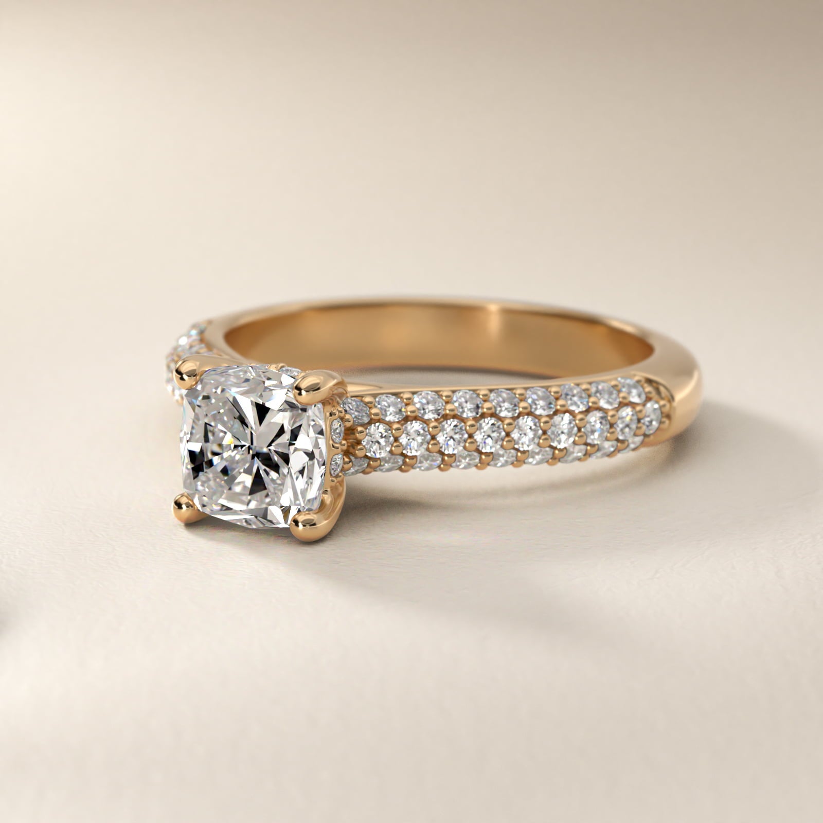 Triple Row PavŽ Cathedral Diamond Engagement Ring In 14K Yellow Gold By James Allen - Cushion Center