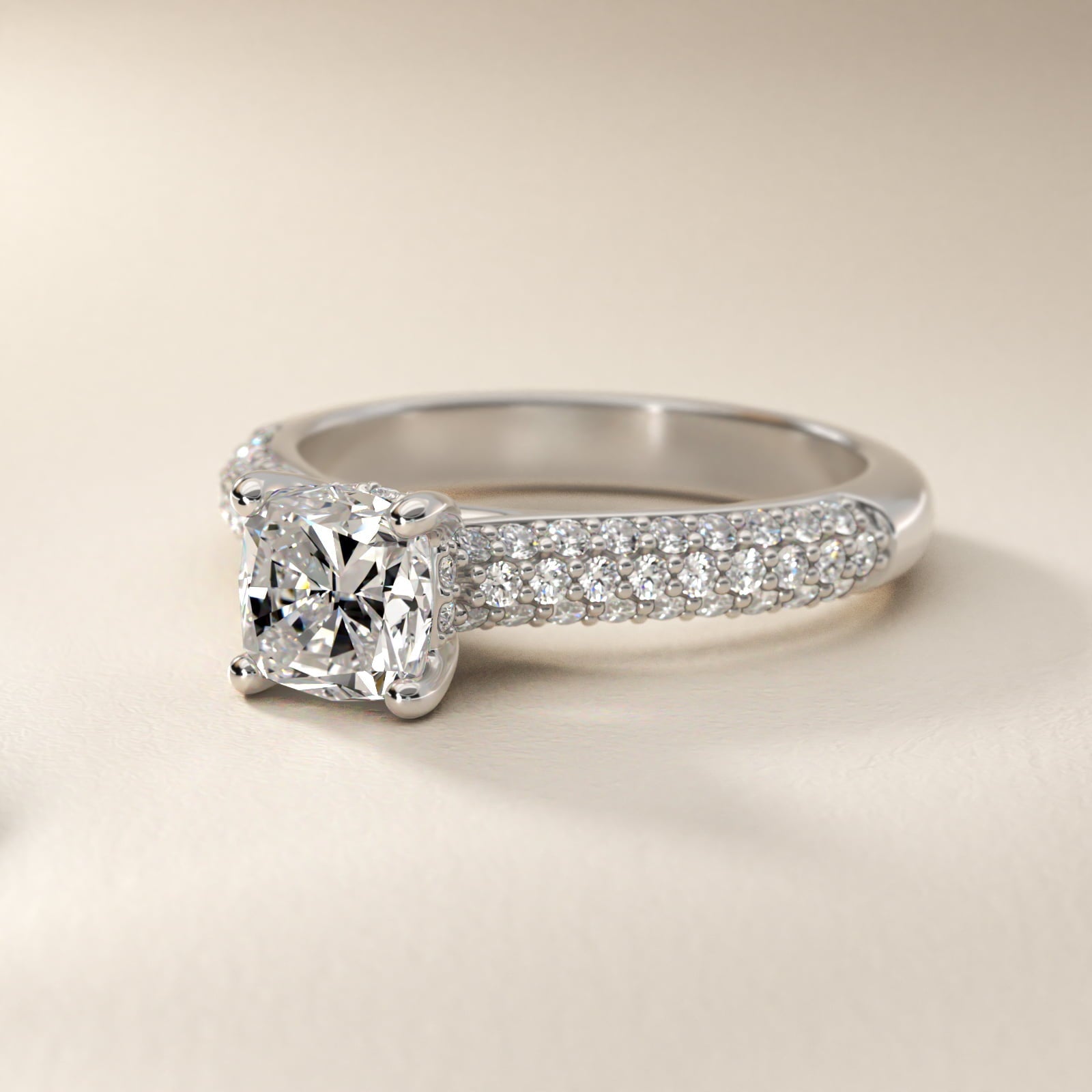 Triple Row Pav? Cathedral Diamond Engagement Ring In Platinum By James Allen - Cushion Center