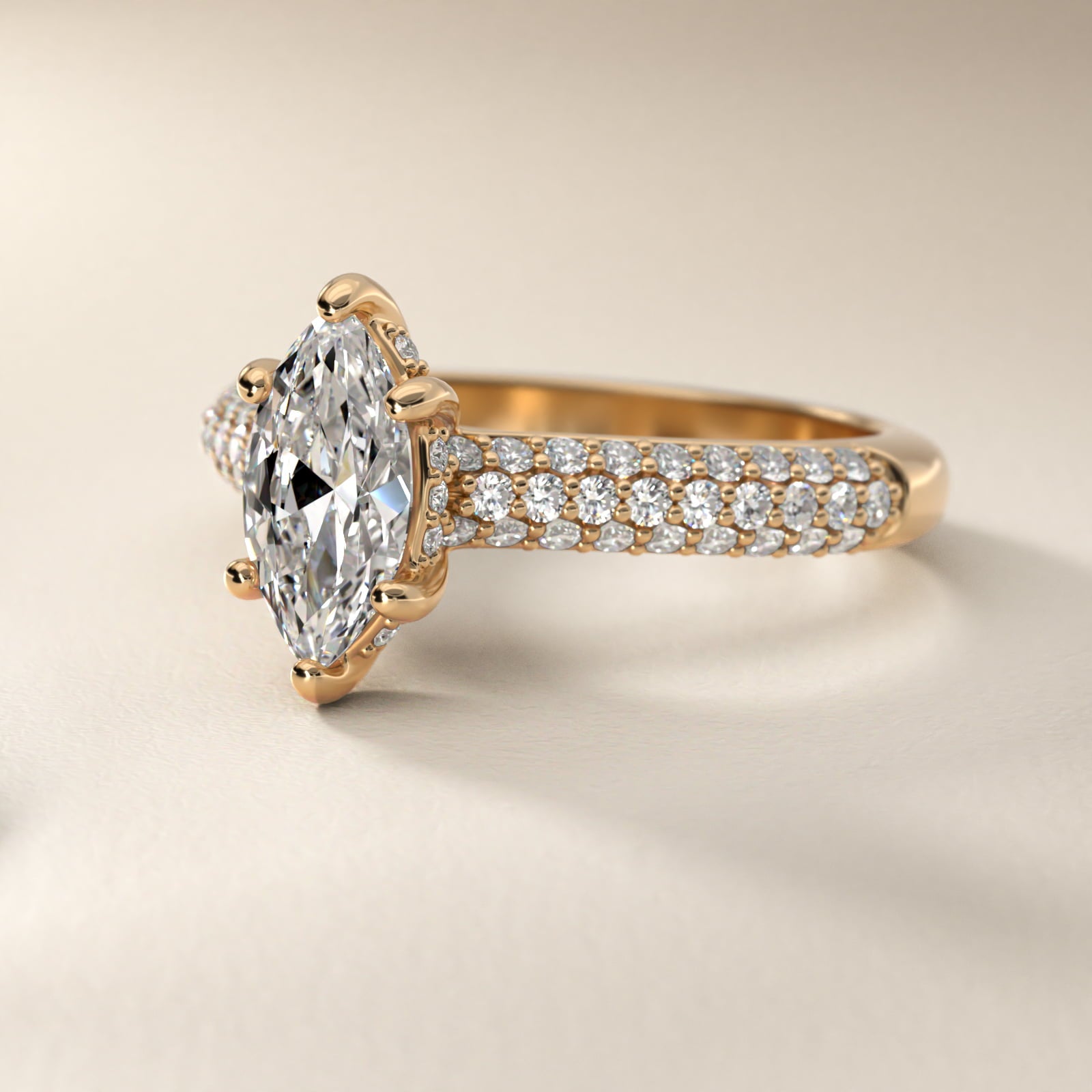 Triple Row PavŽ Cathedral Diamond Engagement Ring In 14K Yellow Gold By James Allen - Marquise Center