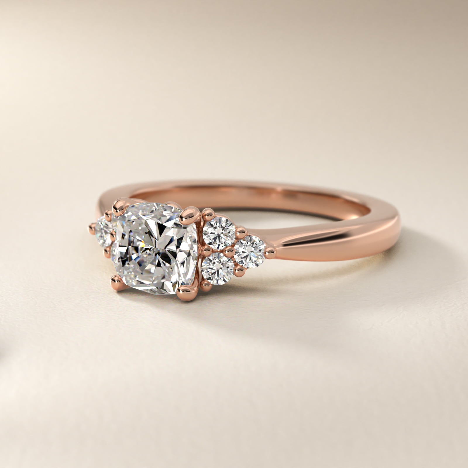Triple Side Stone Diamond Engagement Ring In 18k Rose Gold By James Allen - Cushion Center
