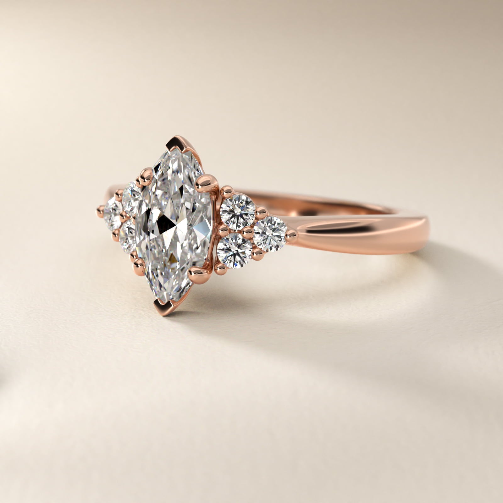 Triple Side Stone Diamond Engagement Ring In 18k Rose Gold By James Allen - Marquise Center