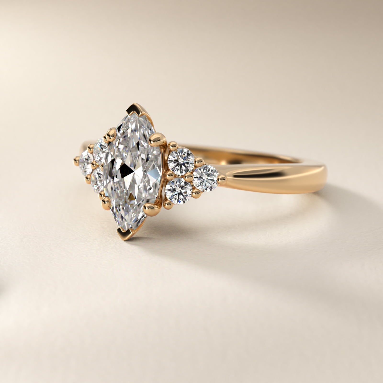 Triple Side Stone Diamond Engagement Ring In 18k Yellow Gold By James Allen - Marquise Center