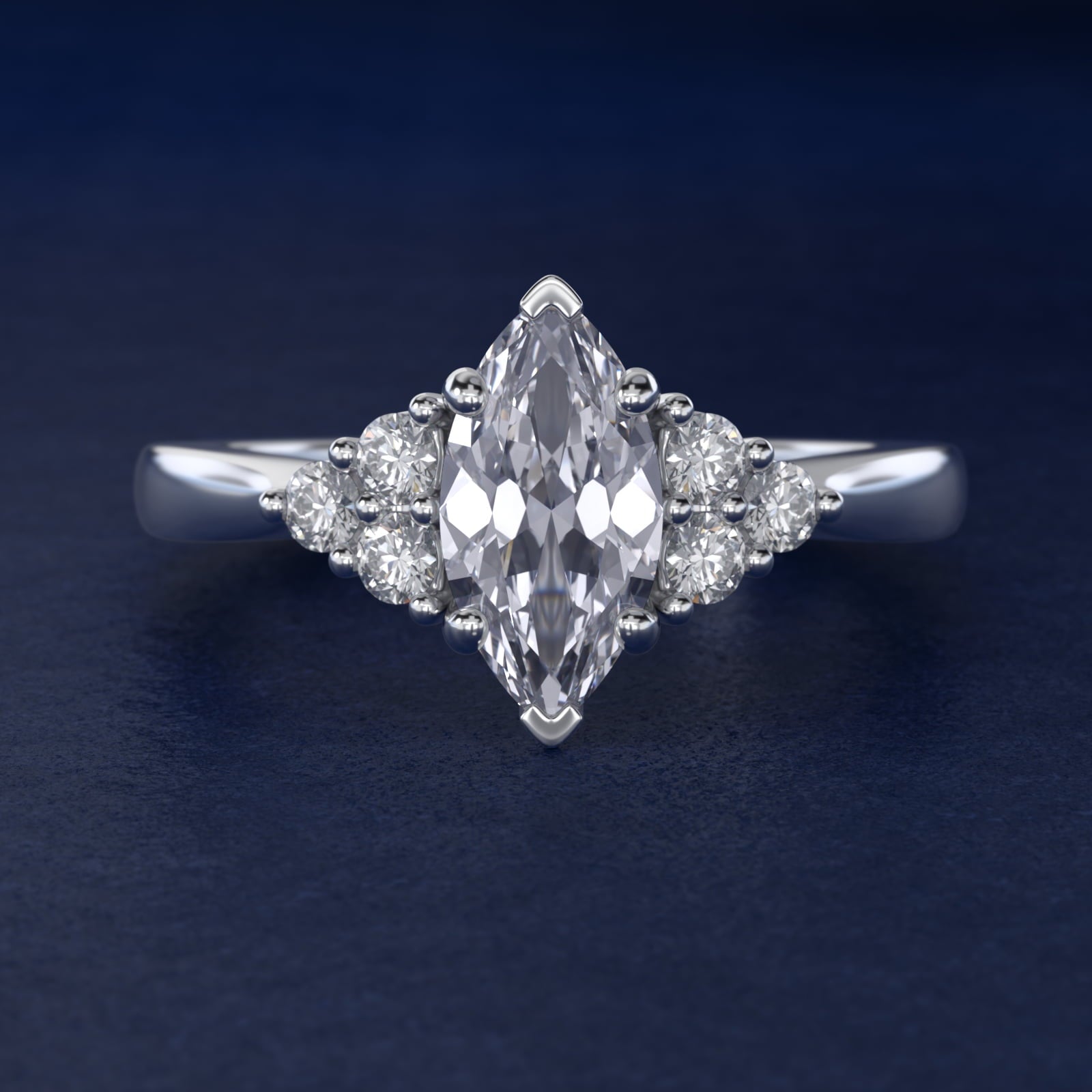 Triple Side Stone Diamond Engagement Ring In Platinum By James Allen - Marquise Center