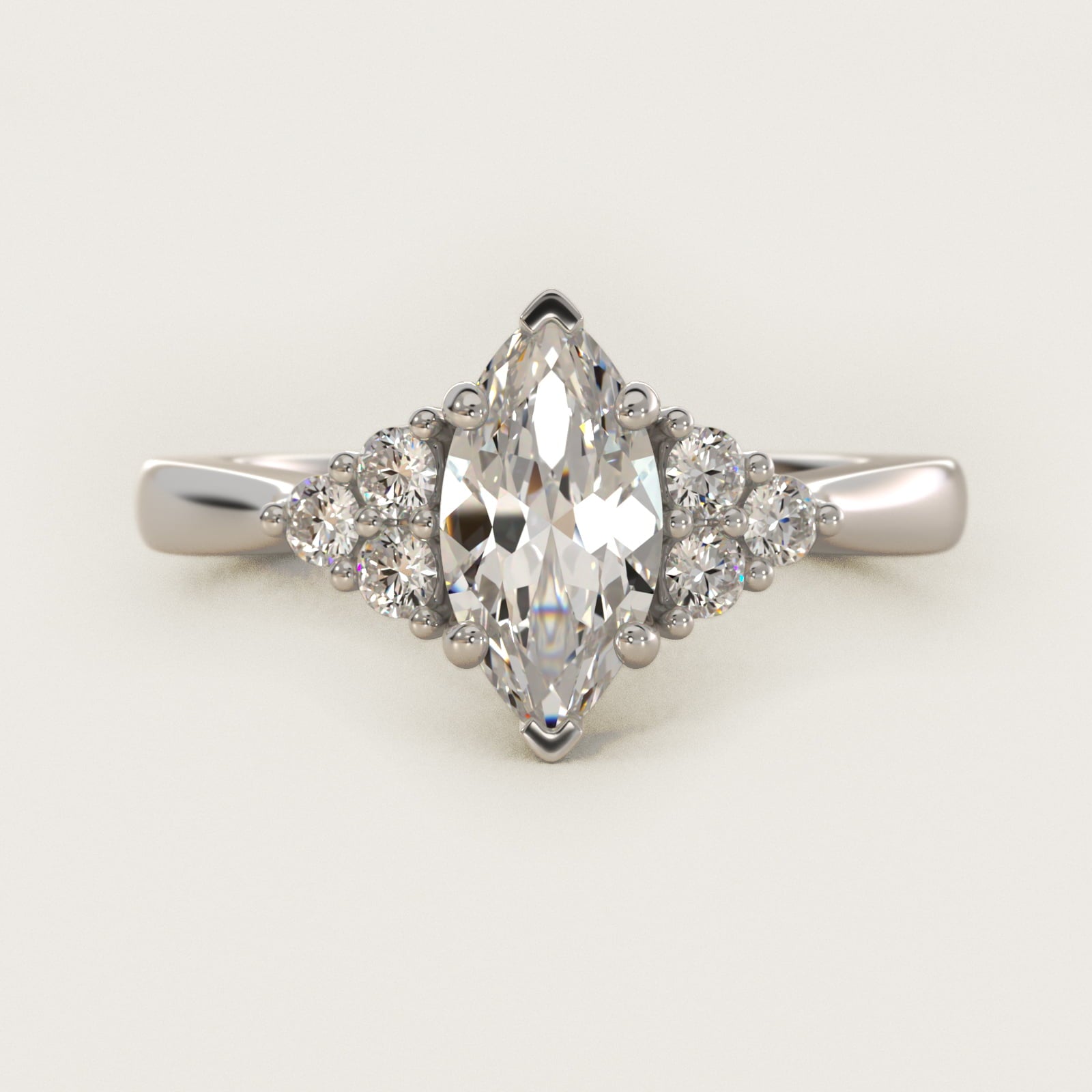 Triple Side Stone Diamond Engagement Ring In Platinum By James Allen - Marquise Center