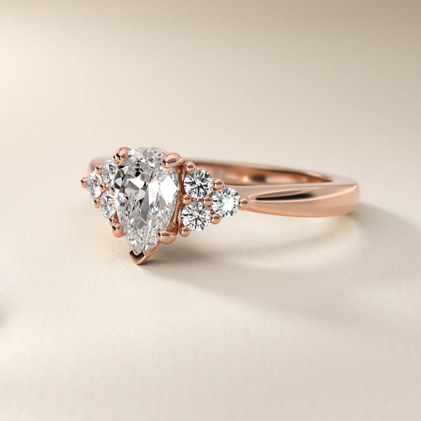 Triple Side Stone Diamond Engagement Ring In 18k Rose Gold By James Allen - Pear Center