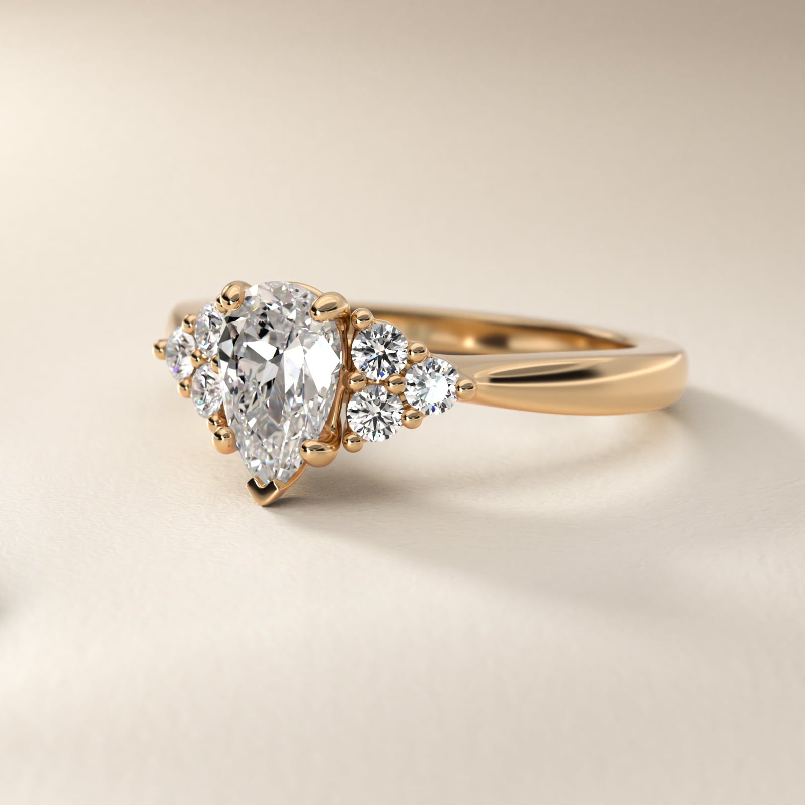 Triple Side Stone Diamond Engagement Ring In 14K Yellow Gold By James Allen - Pear Center