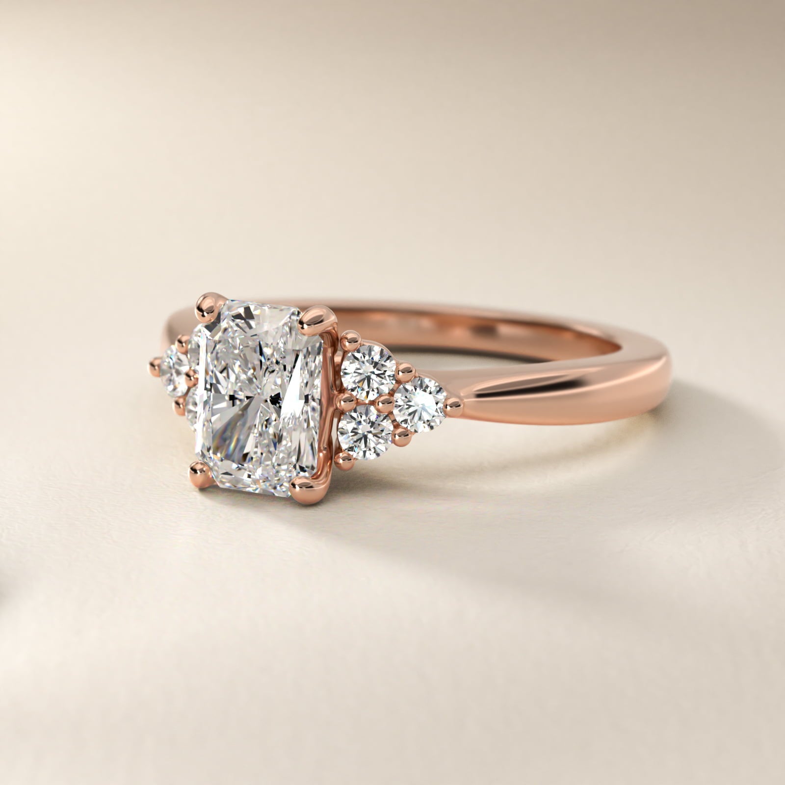Triple Side Stone Diamond Engagement Ring In 18k Rose Gold By James Allen - Radiant Center