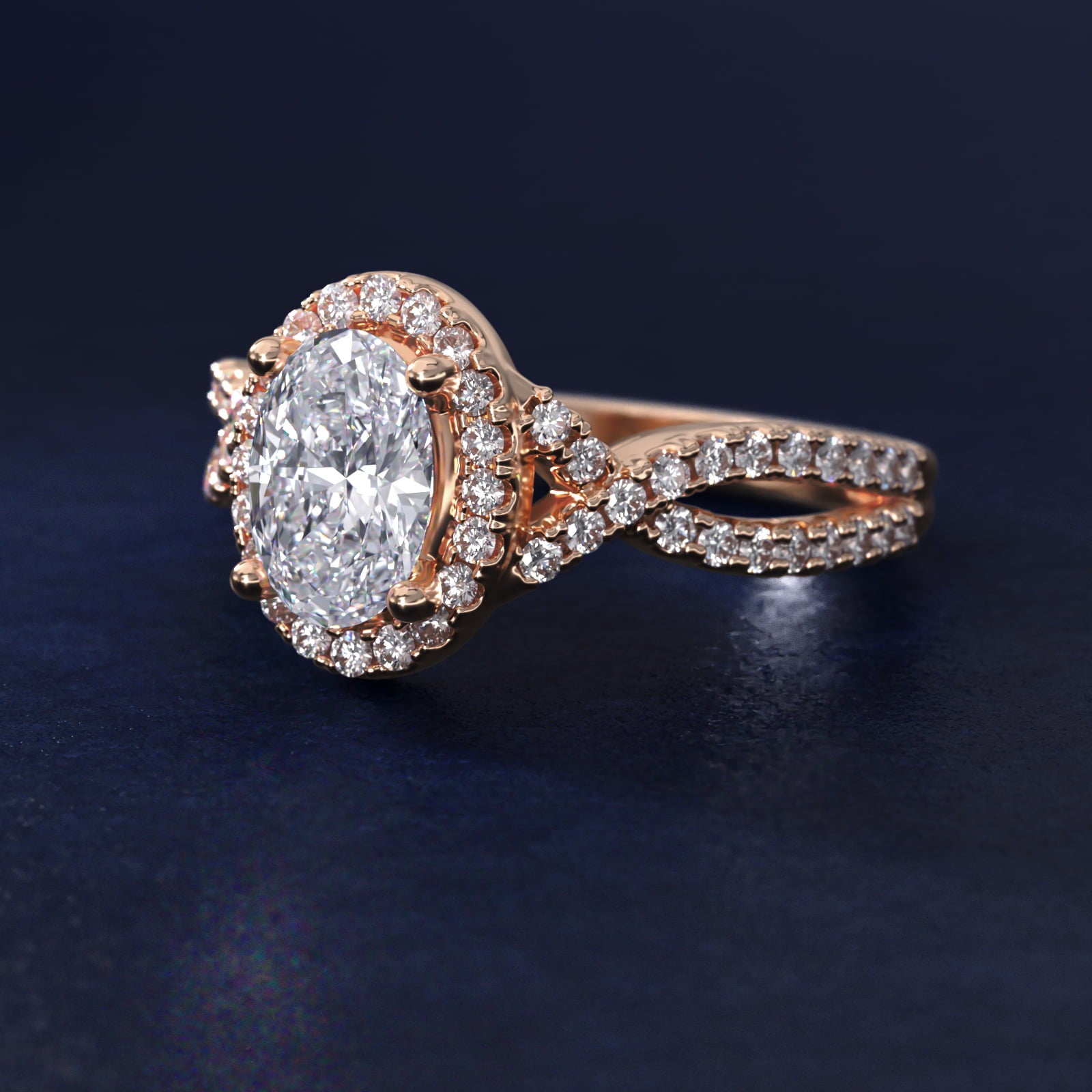 Twist Halo Diamond Engagement Ring in 18k Rose Gold (1/2 ct. tw.) - Oval Center