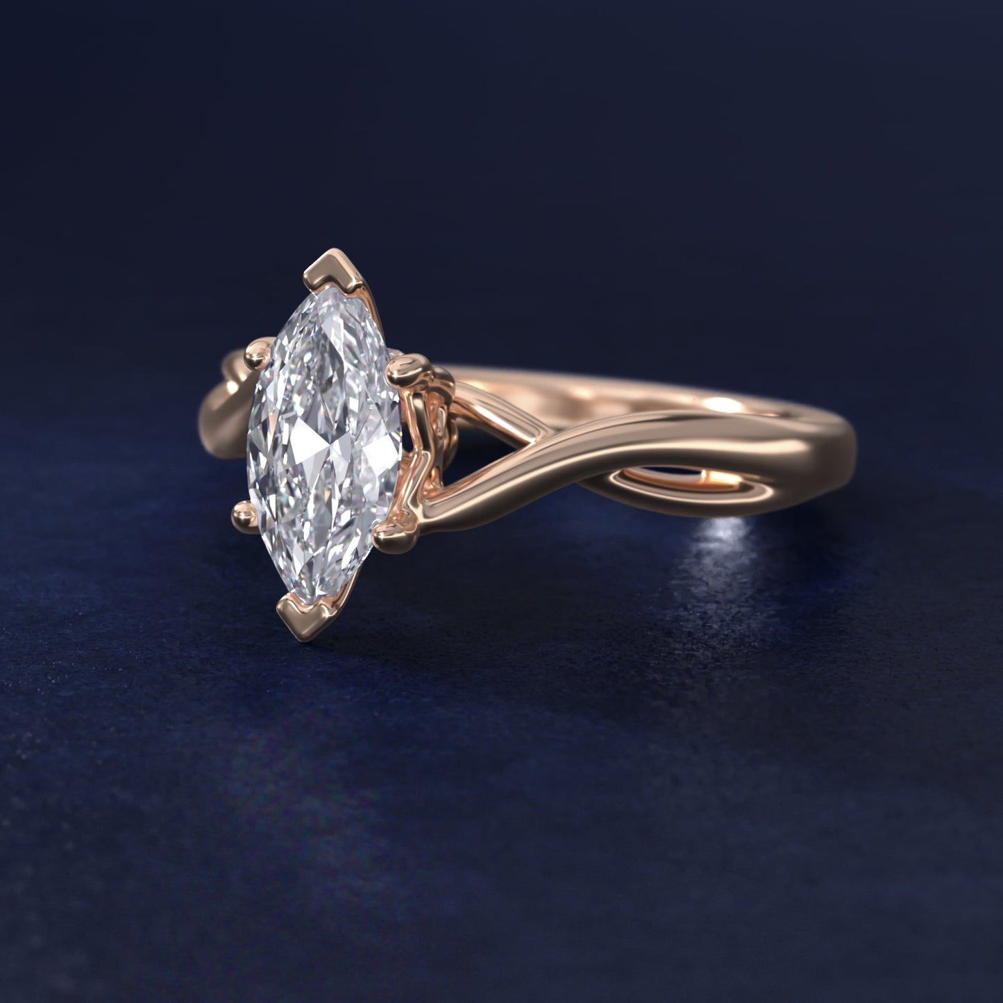 Twist Solitaire Plus Diamond Engagement Ring in 18k Rose Gold - Marquise Center