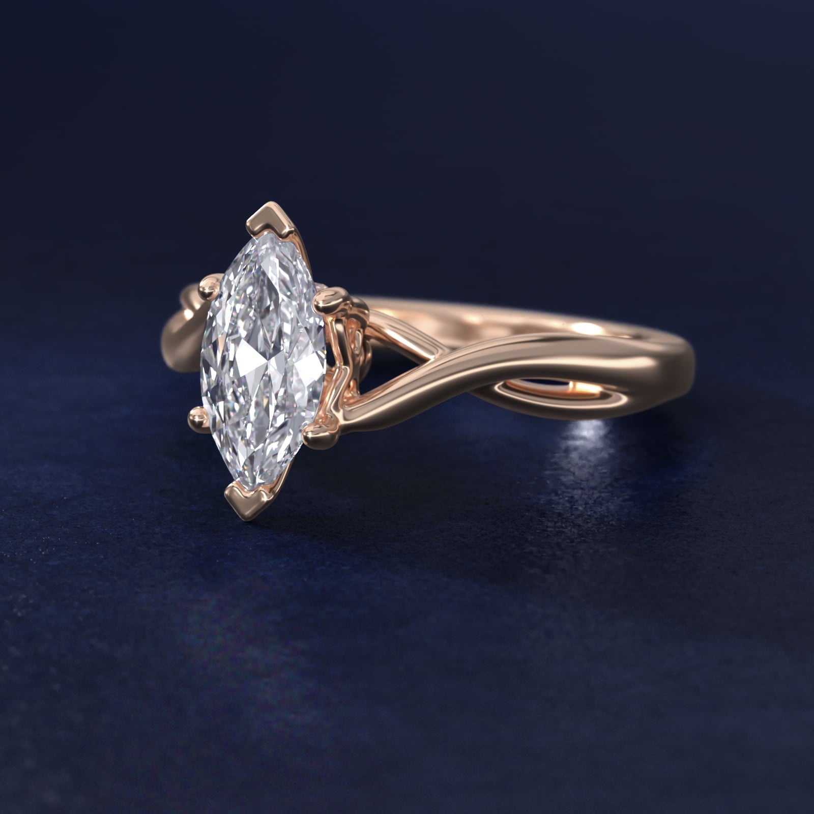Twist Solitaire Plus Diamond Engagement Ring in 18k Rose Gold - Marquise Center