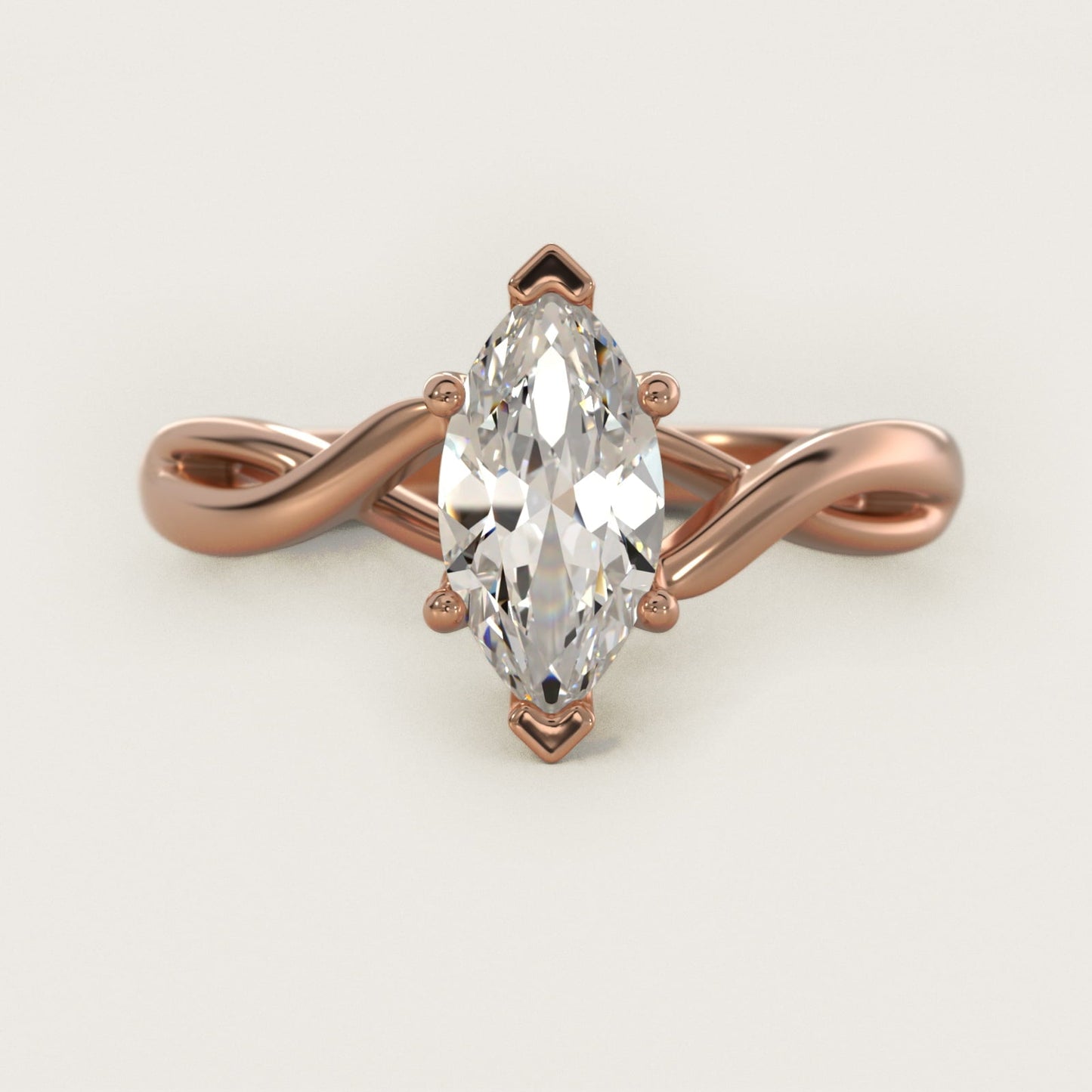 Twist Solitaire Plus Diamond Engagement Ring in 18k Rose Gold - Marquise Center