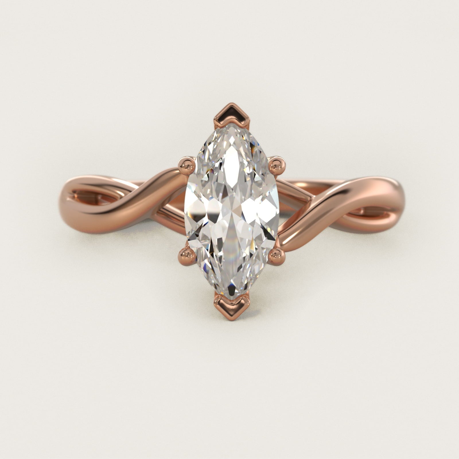 Twist Solitaire Plus Diamond Engagement Ring in 18k Rose Gold - Marquise Center