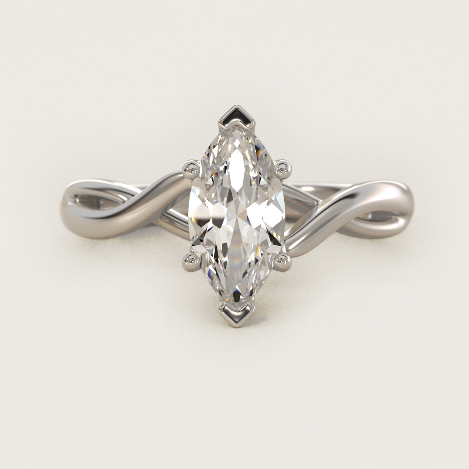 Twist Solitaire Plus Diamond Engagement Ring in 14k White Gold - Marquise Center