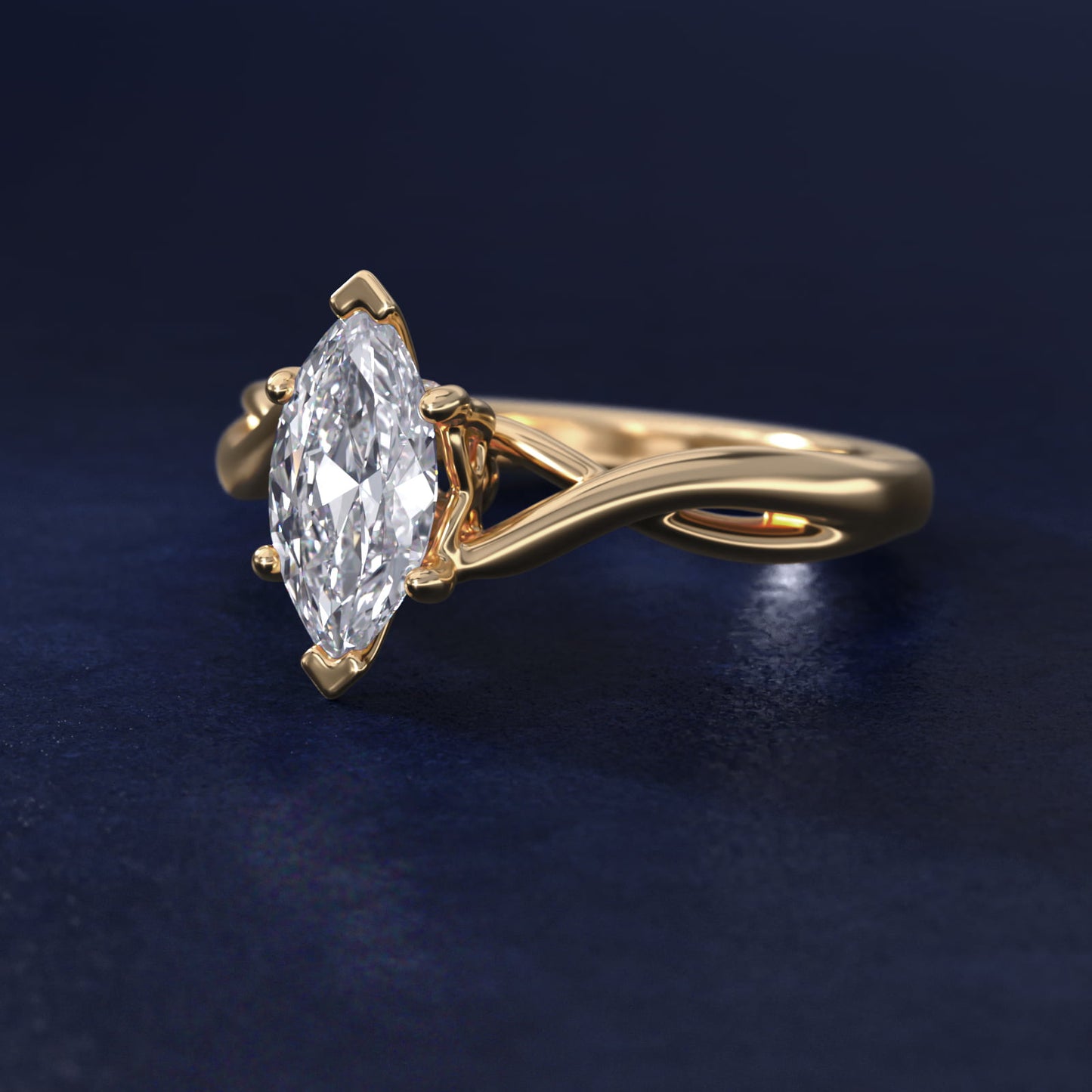 Twist Solitaire Plus Diamond Engagement Ring in 14k Yellow Gold - Marquise Center