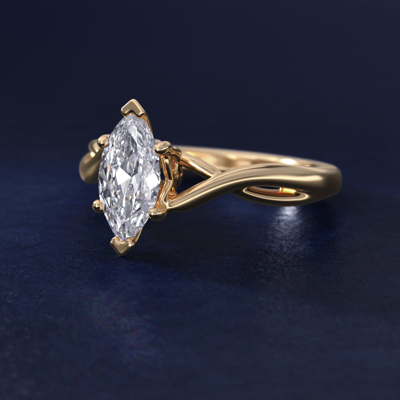 Twist Solitaire Plus Diamond Engagement Ring in 14k Yellow Gold - Marquise Center