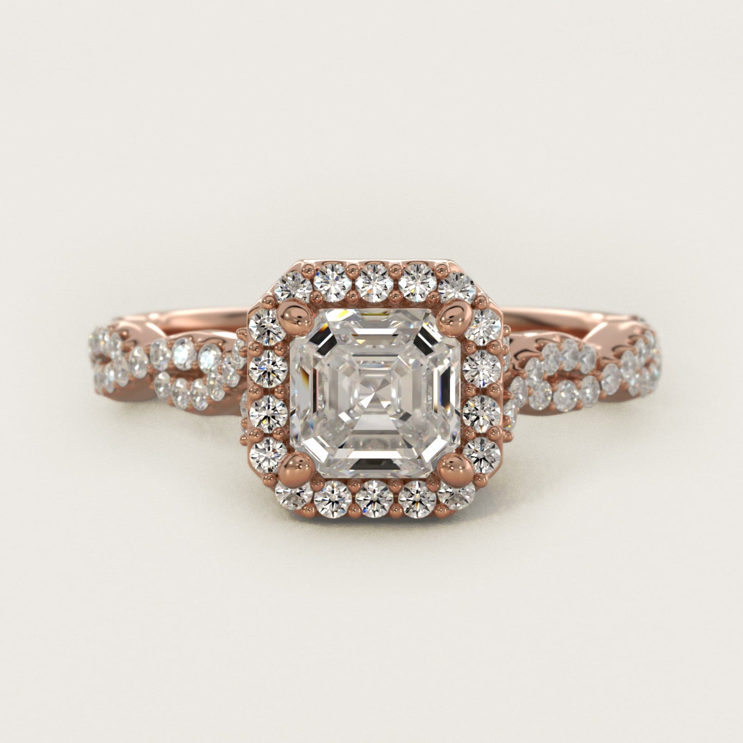 Twisted Band Halo Diamond Engagement Ring in 18k Rose Gold (1/3 ct. tw.) - Asscher Center