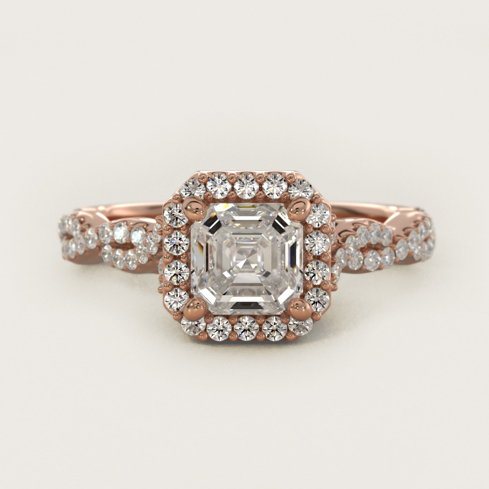 Twisted Band Halo Diamond Engagement Ring in 18k Rose Gold (1/3 ct. tw.) - Asscher Center