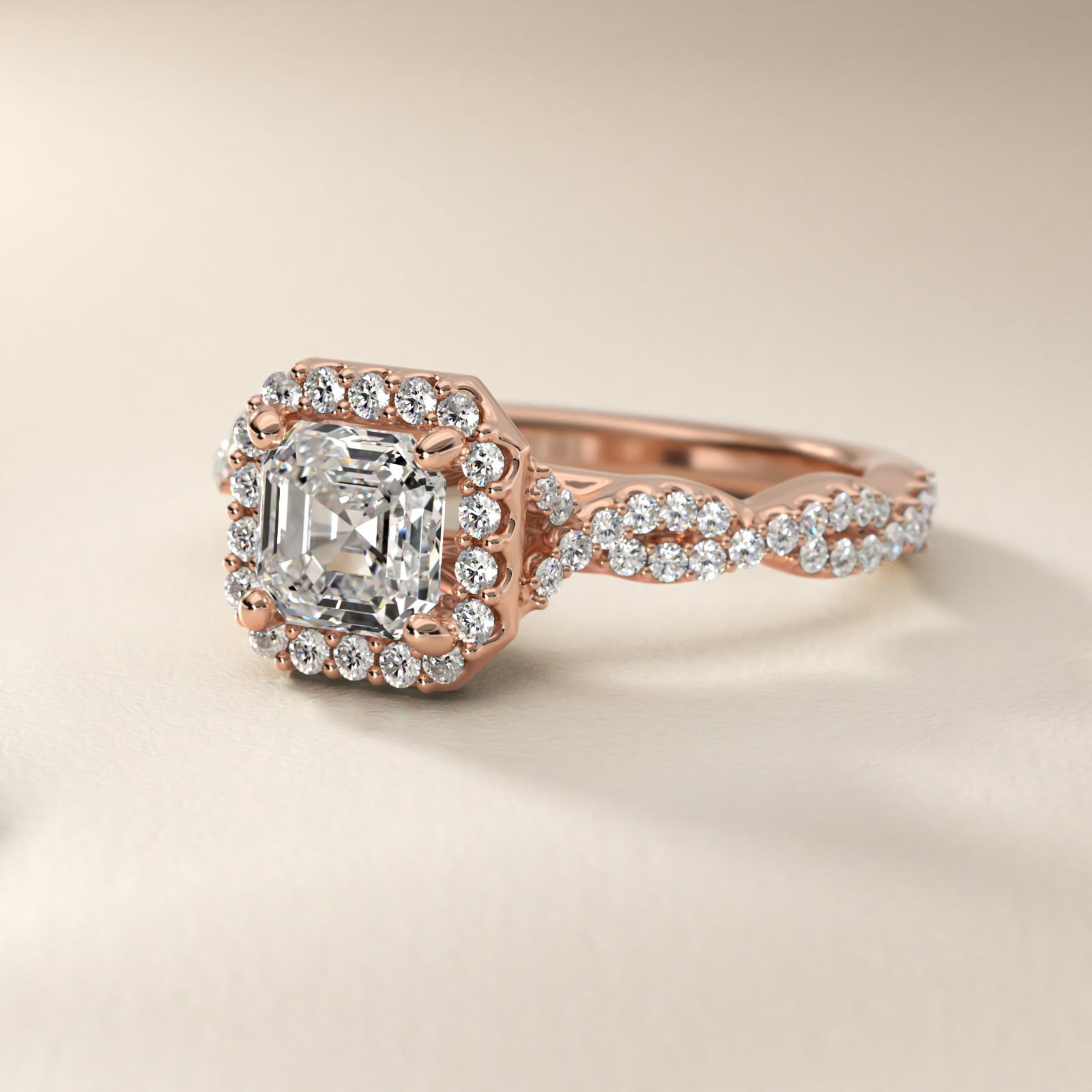 Twisted Band Halo Diamond Engagement Ring in 18k Rose Gold (1/3 ct. tw.) - Asscher Center